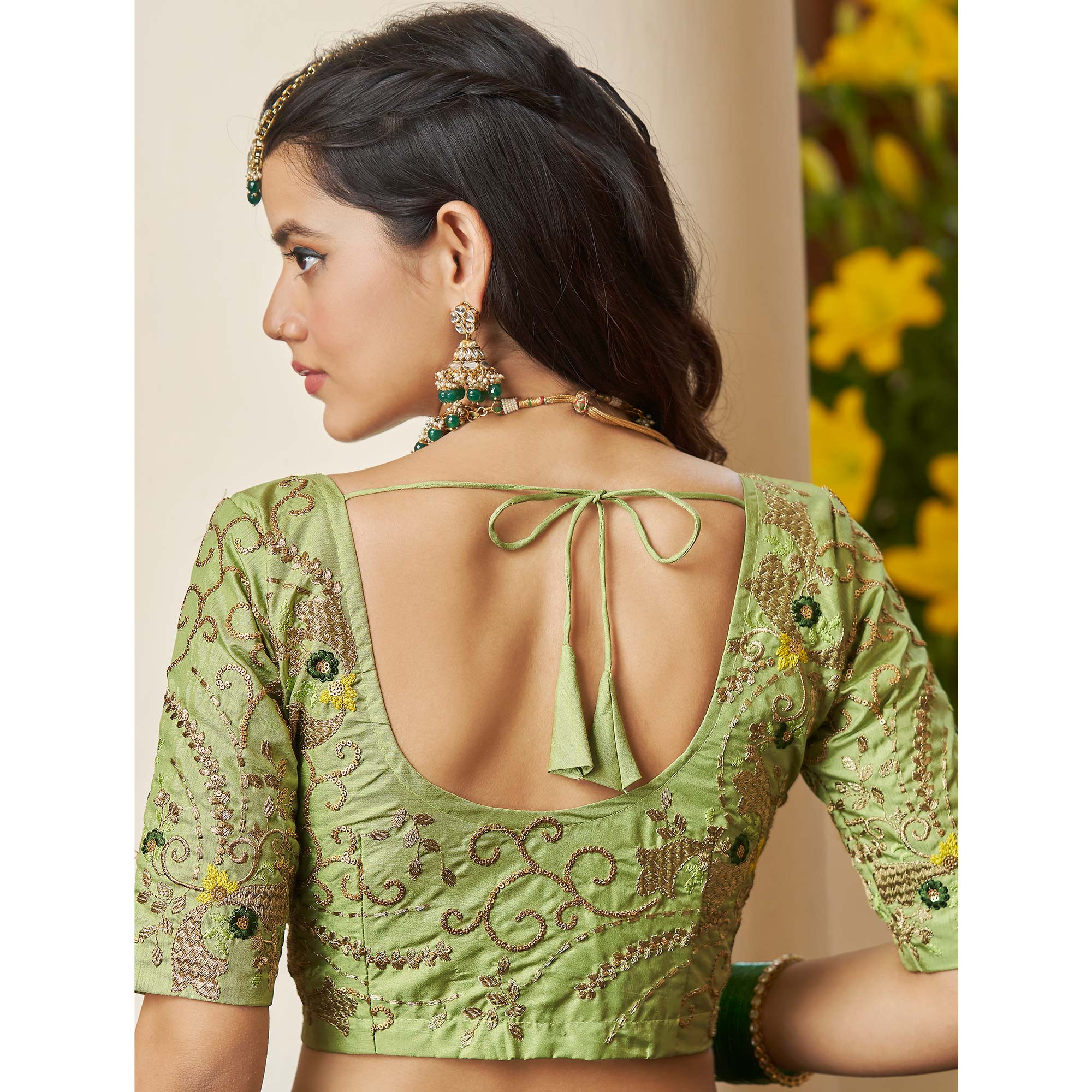 Peachmode Mehendi Green Sequins Embroidered Netted Lehenga Choli - view 5