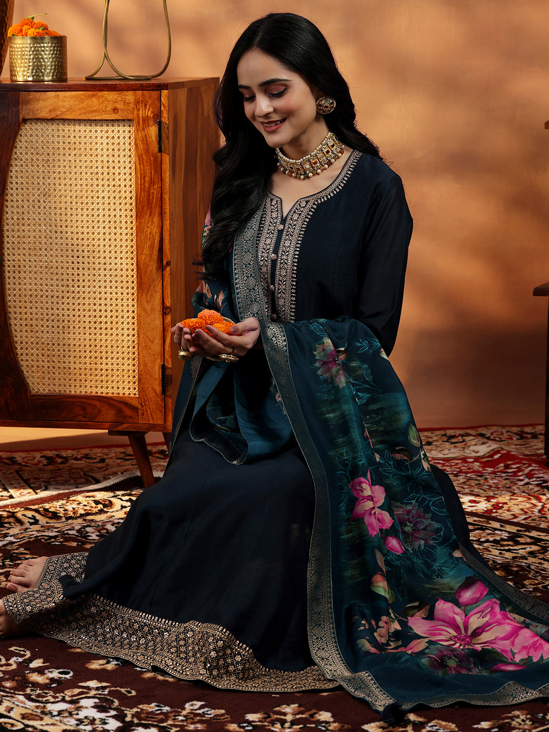 Libas Blue Yoke Design Silk Blend A-Line Kurta With Trousers & Dupatta
