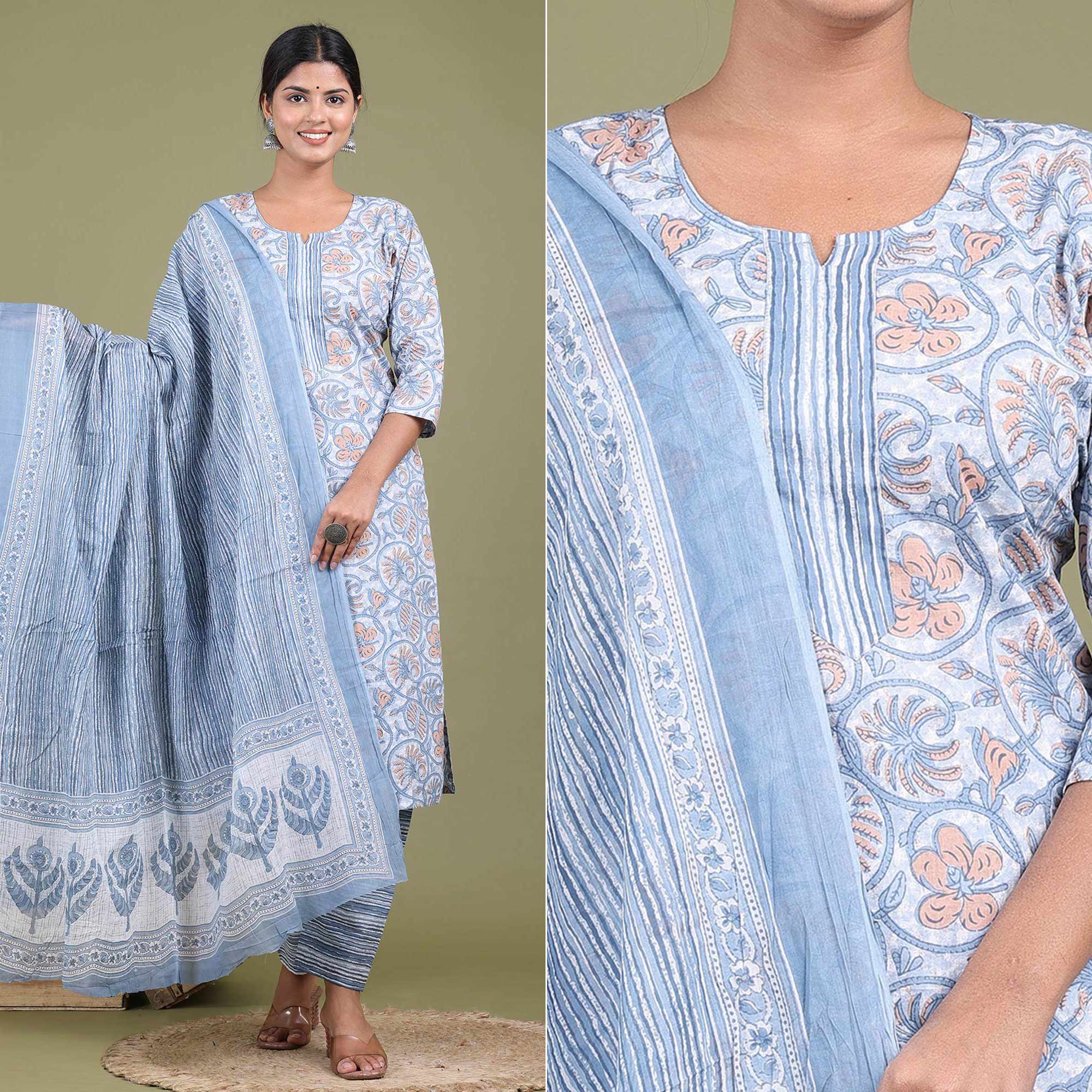 Peachmode Seller Light Blue Floral Printed Pure Cotton Suit