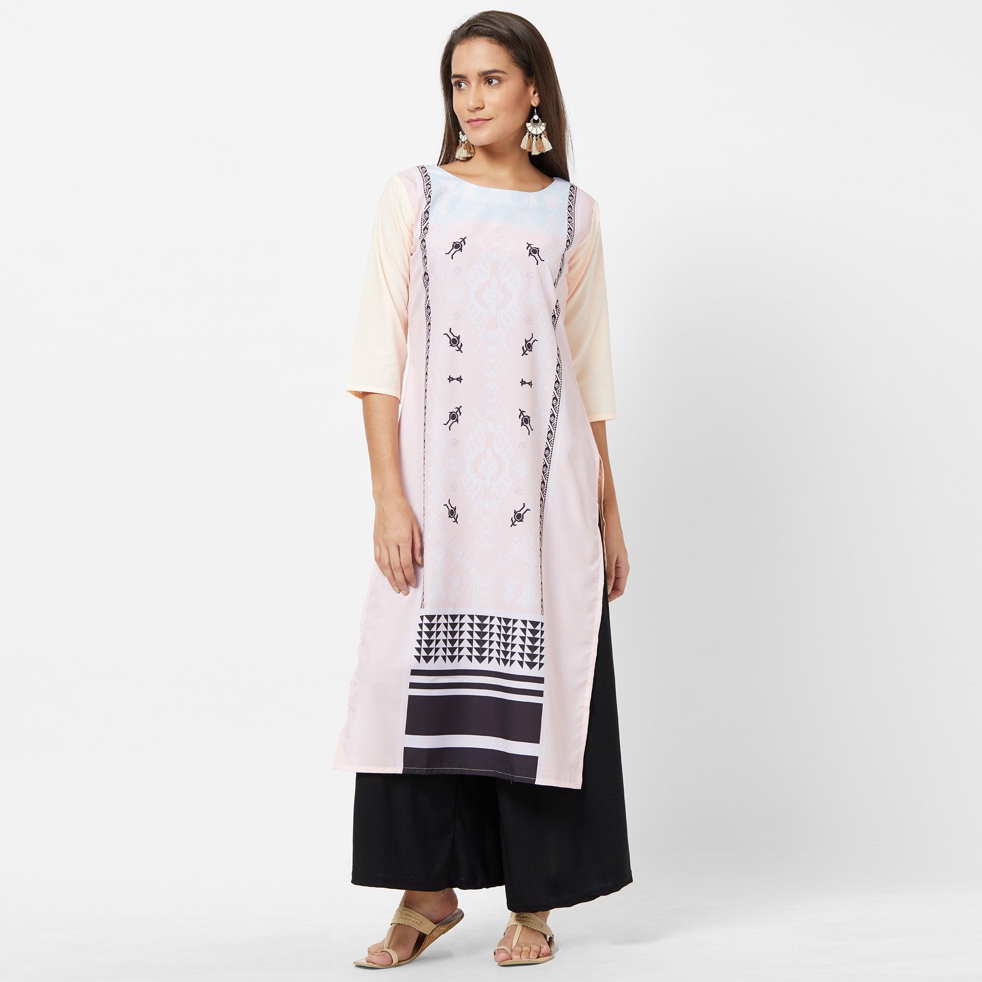 Peachmode Majesty Light Pink Colored Casual Printed Crepe Kurti - view 5