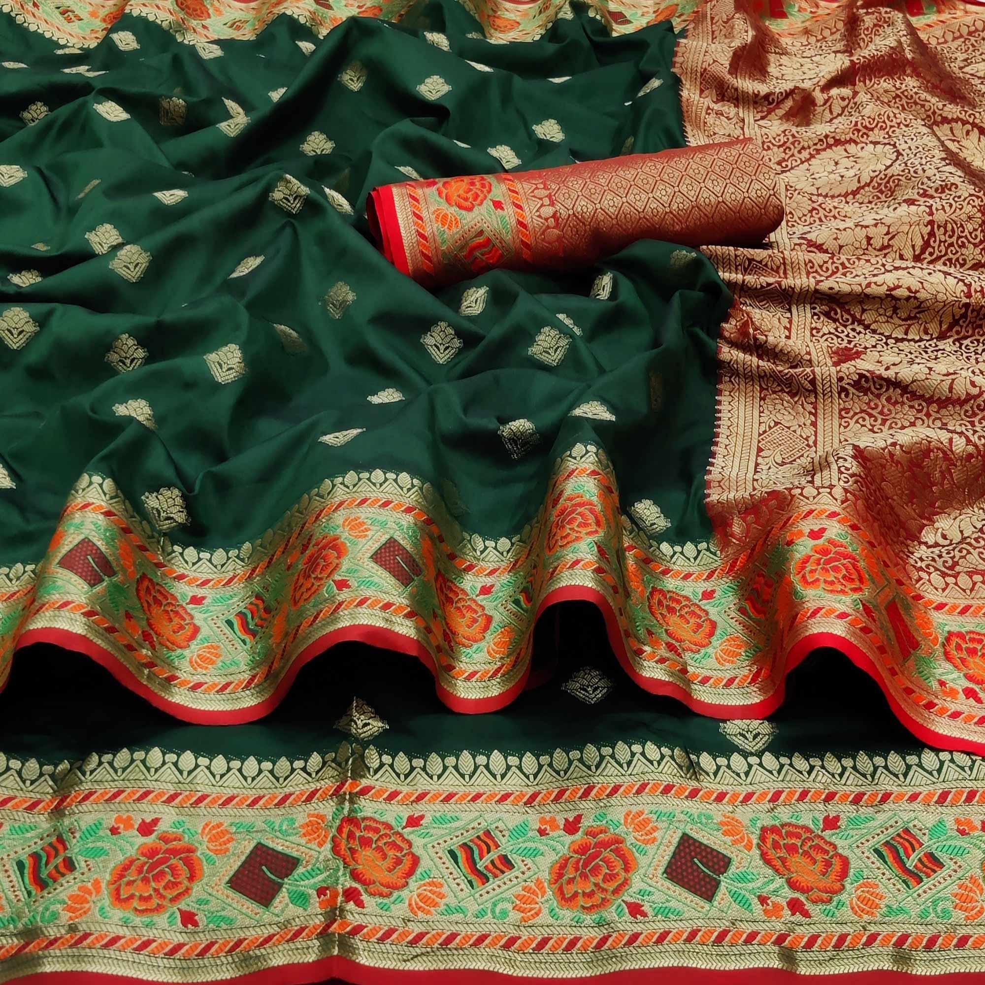 Peachmode Bottle Green Festive Wear Floral Woven Soft Silk Saree With Jacquard Border - view 2