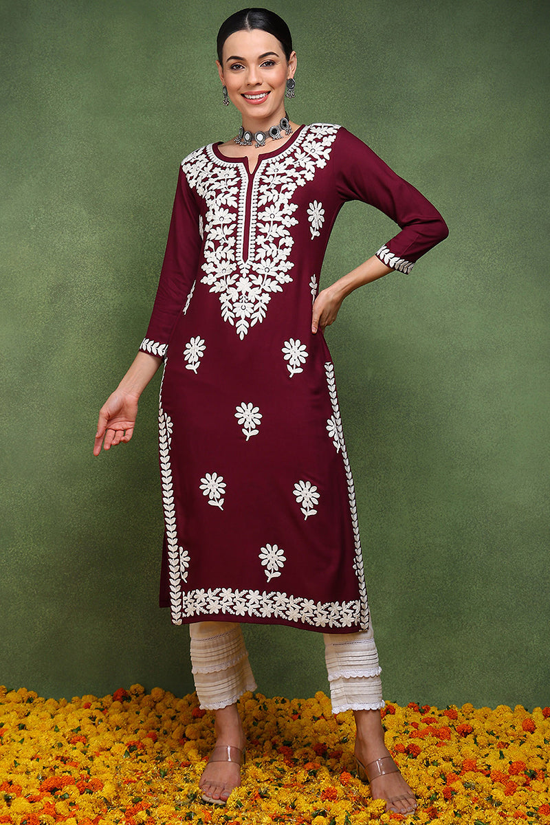 Ahika Burgundy Rayon Blend Solid Embroidered Straight Kurta VCK9770WIN - view 2