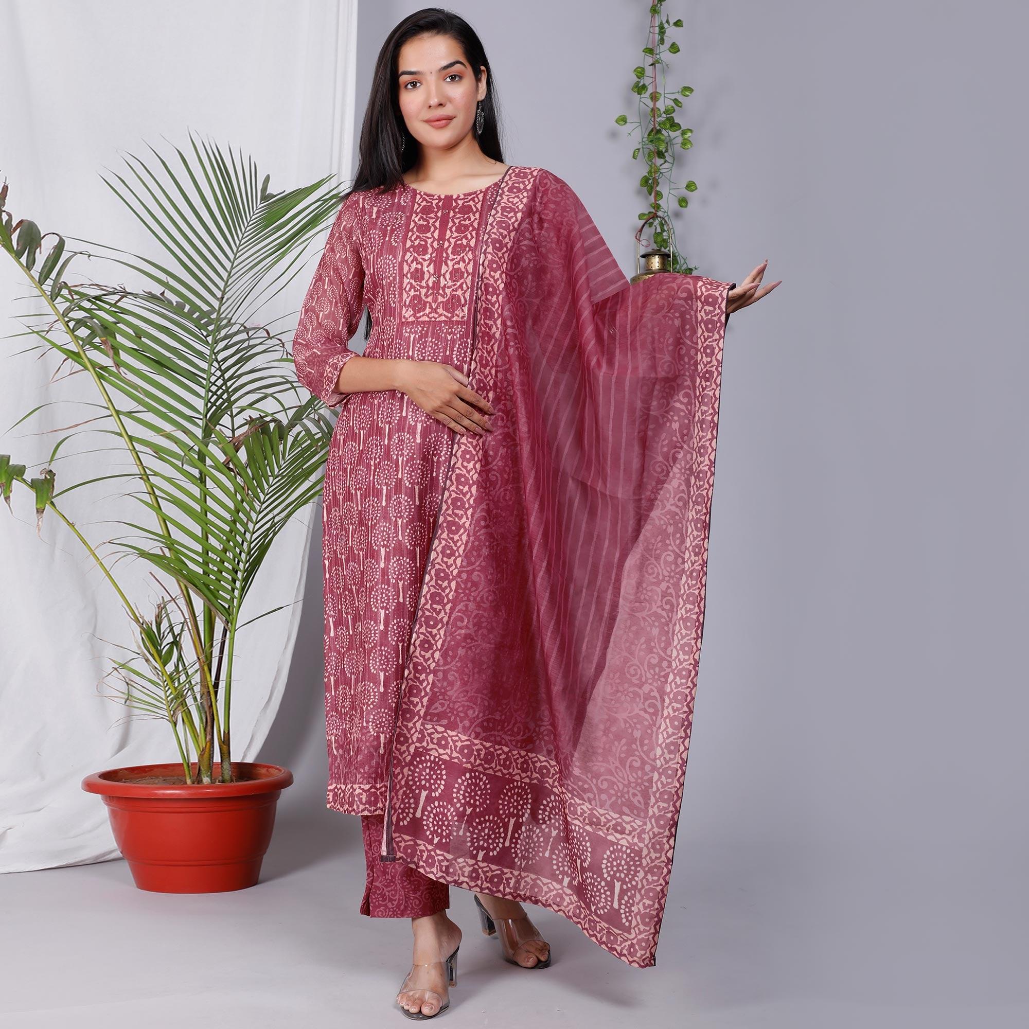 Peachmode Maroon Floral Printed Chanderi Salwar Suit