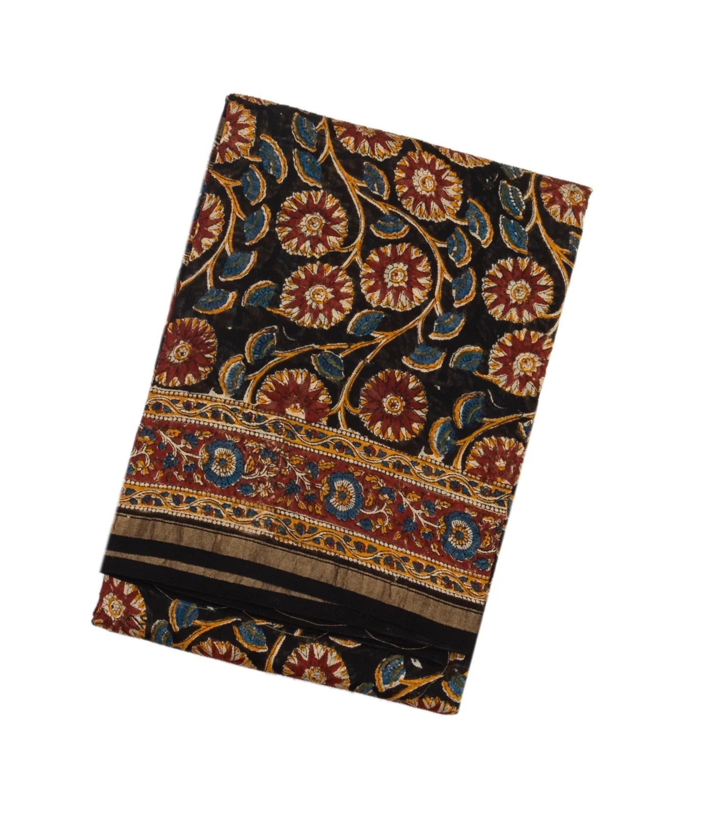 RmKV Black Handloom Chanderi Cotton Saree With Printed Floral Vine Motif