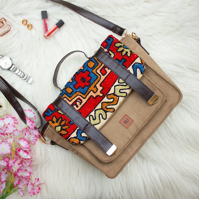 WOCA DESIGNS Brown - Nakashi Hand Embroidery Suede Satchel Sling Bag