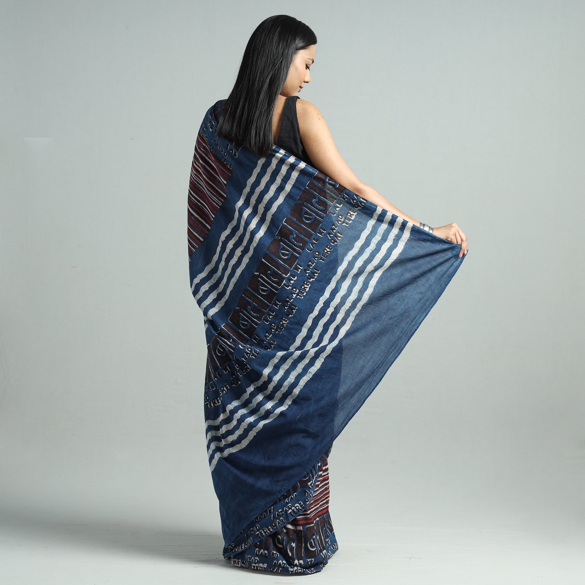 BINDAAS UNLIMITED Blue - Bindaas Art Block Printed Natural Dyed Cotton Saree 31 - view 6