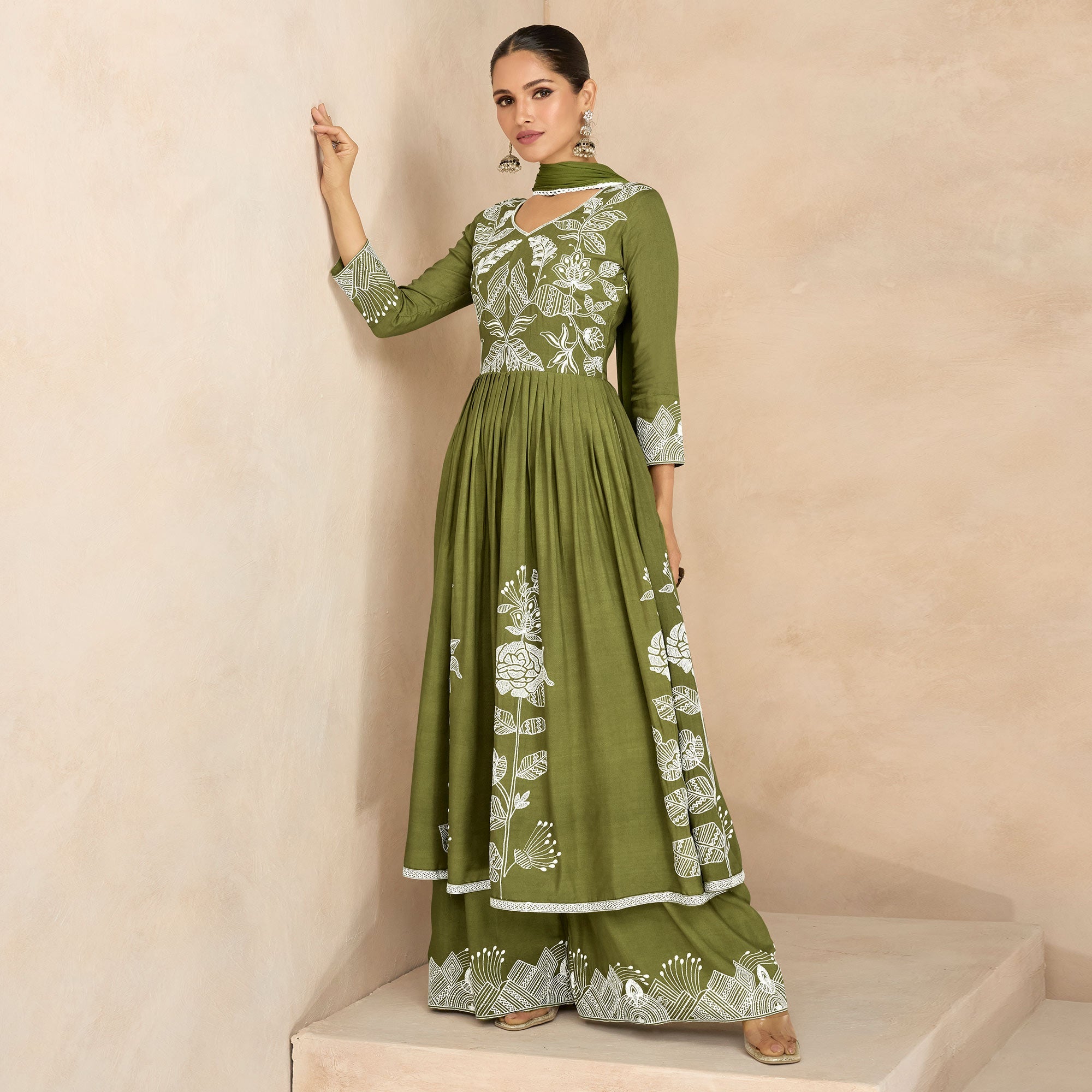 Peachmode Mehendi Green Floral Embroidered Rayon Palazzo Suit