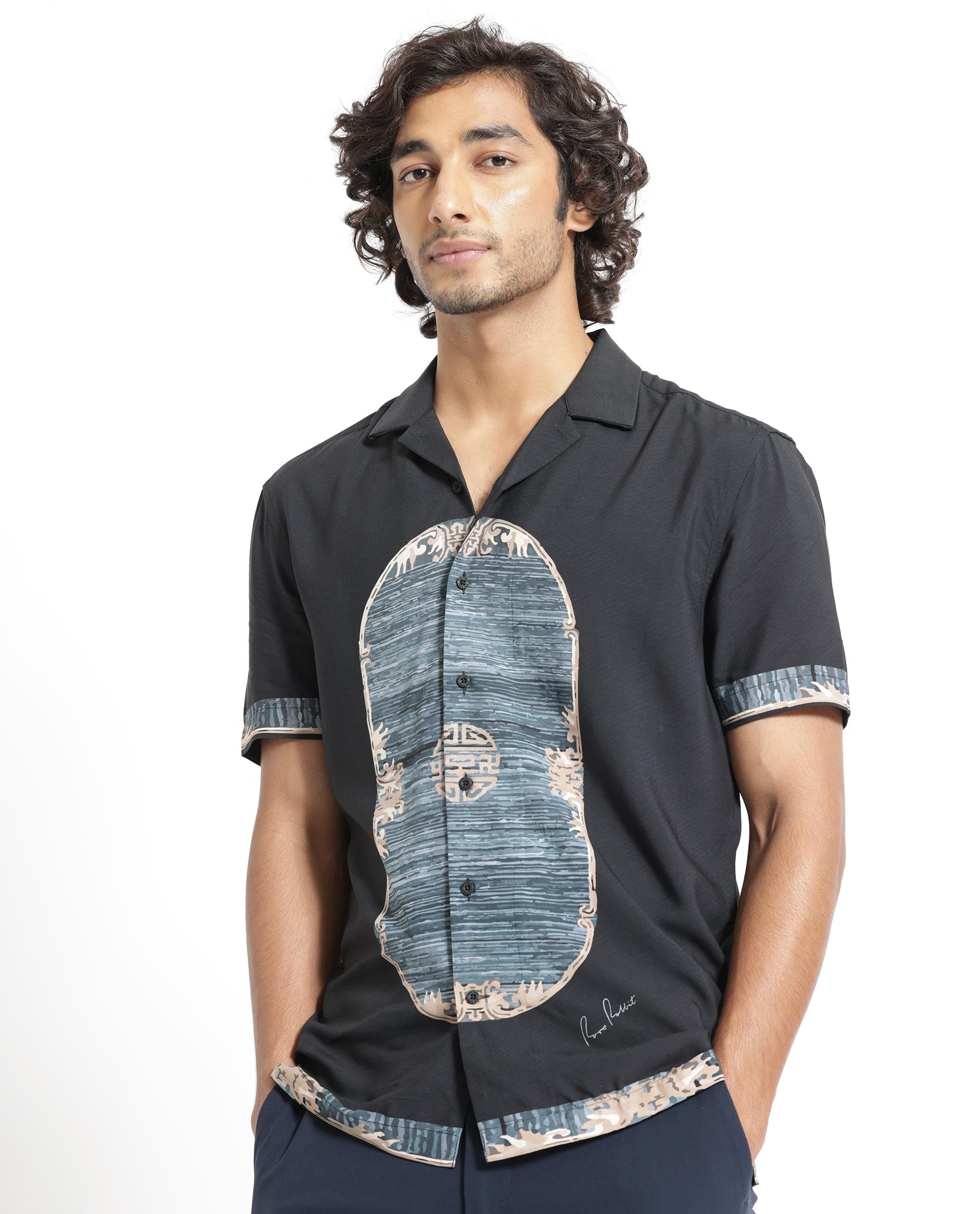 Rare Rabbit Men's Morca Black Viscose Fabric Abstract Print Half Sleeves Shirt