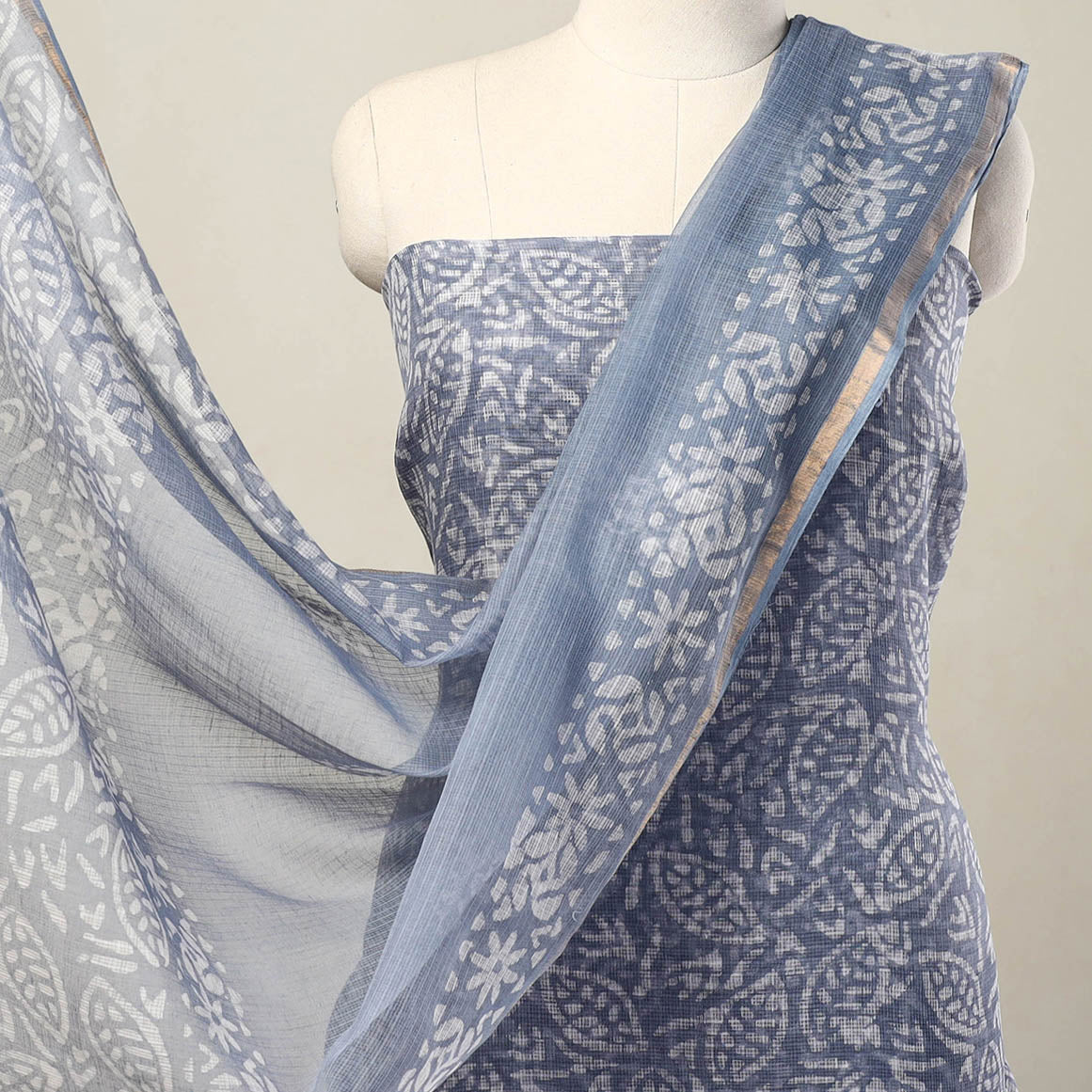 ARTISAN HAND BLOCK PRINTS Blue - 3pc Block Print Kota Cotton Batik Dress Material 07 - view 3