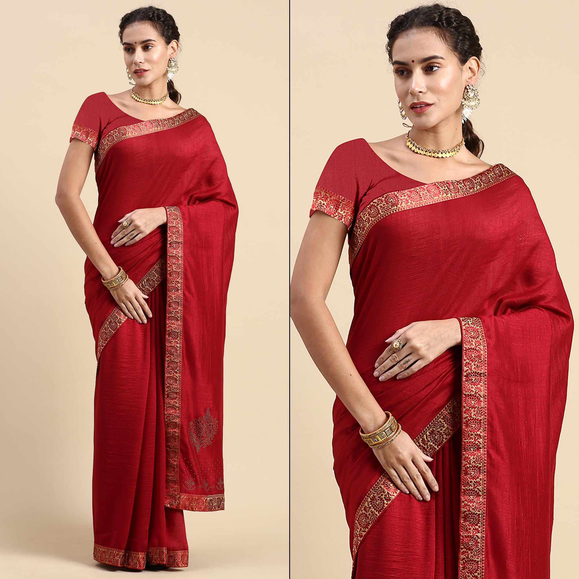 Peachmode Maroon Swaroski Work Vichitra Silk Saree