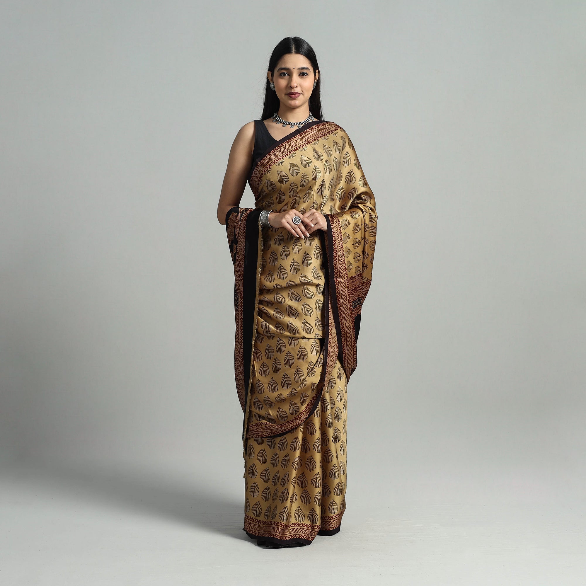 BAGH PRINTS BY MOHAMMED RAFIK KHATRI Brown - Hand Block Printed Modal Silk Bagh Saree 03