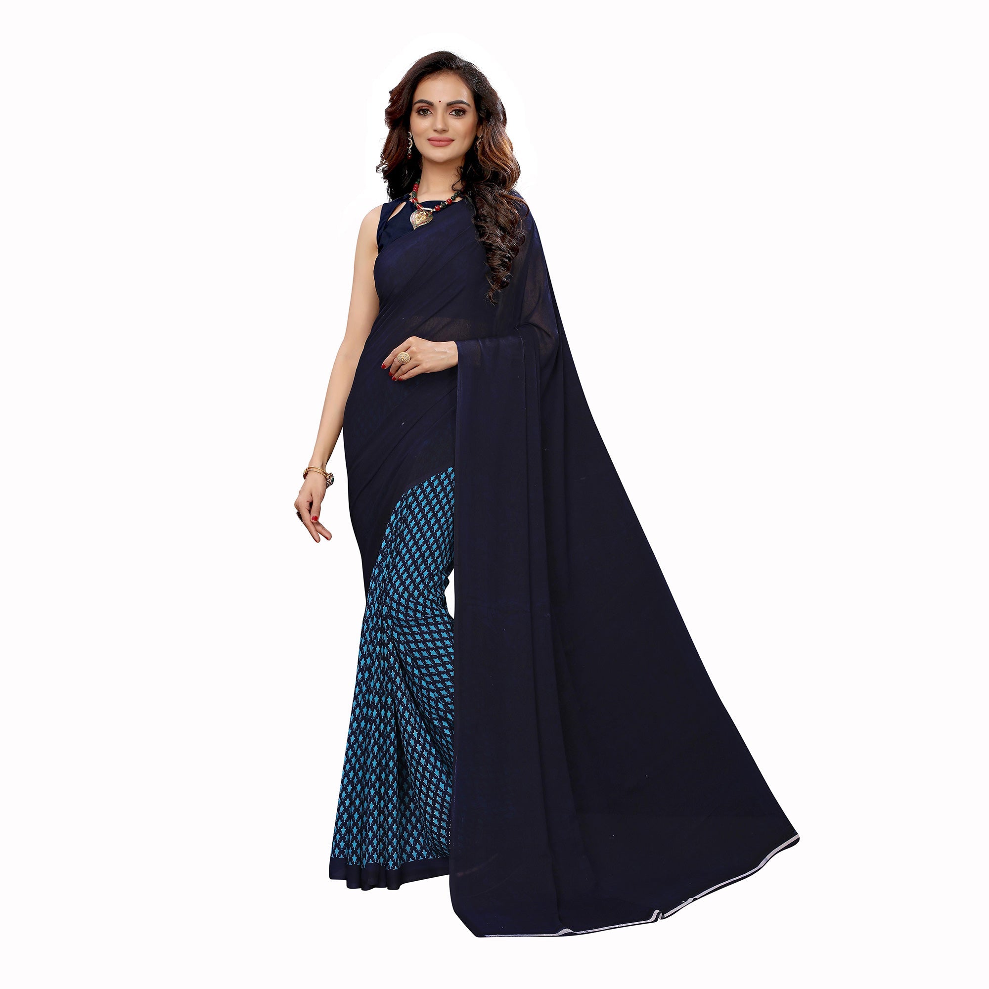 Peachmode Ethnic Navy Blue Colored Casual Wear Printed Georgette Half-Half Saree