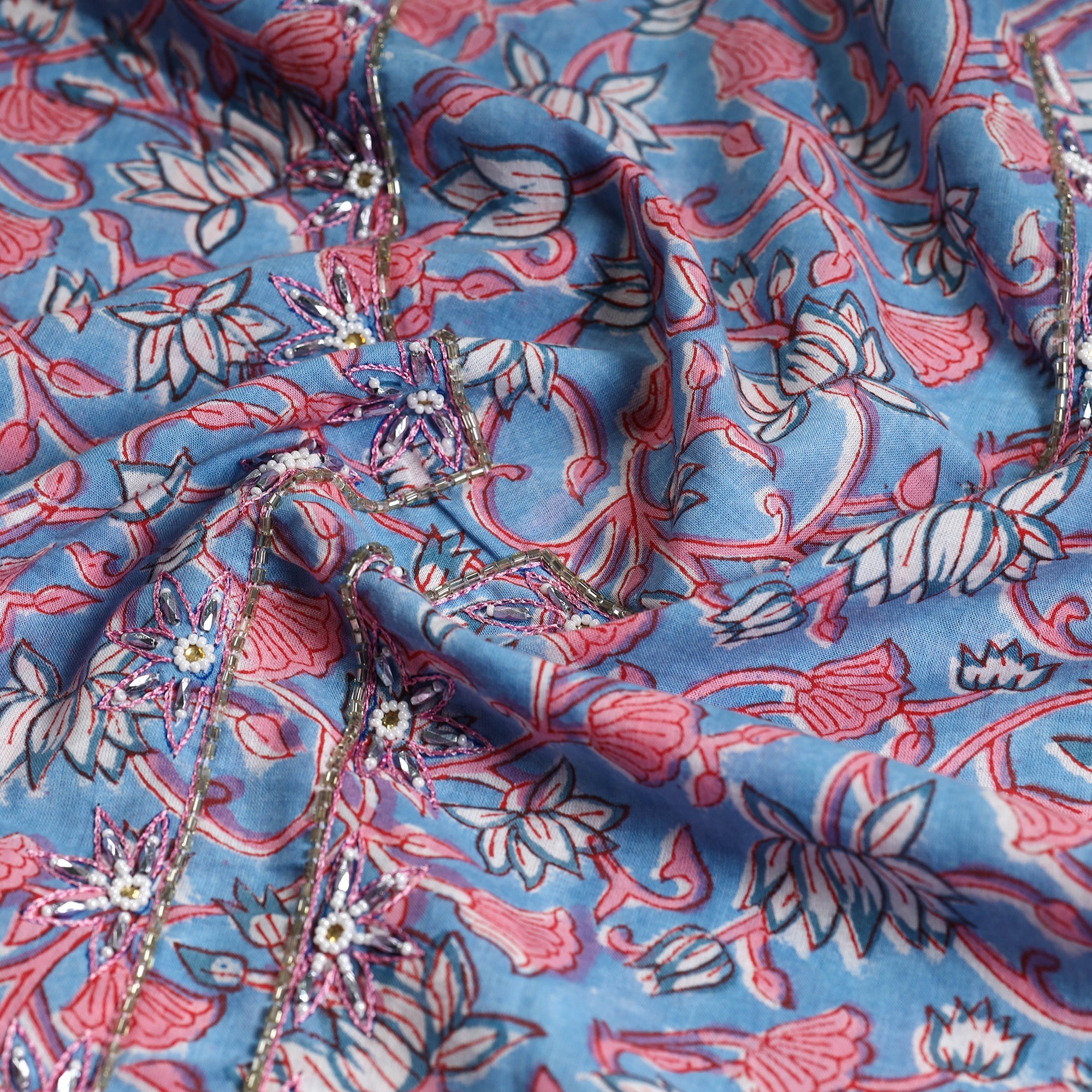 JUGNI Blue - Embroidered Sanganeri Block Print Cotton Kurta Material with Beads - 2.5 Meter - view 4