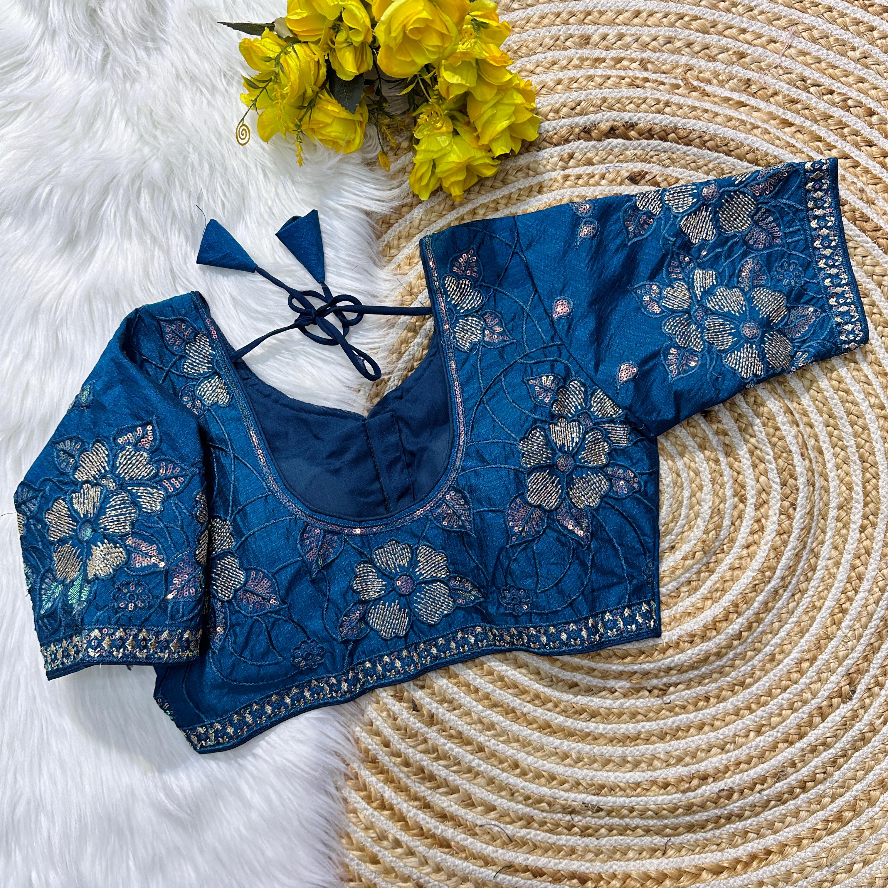 ClothsVilla Teal Blue Soft Silk Blouse with Beautiful Embroidery and Sequence Accents