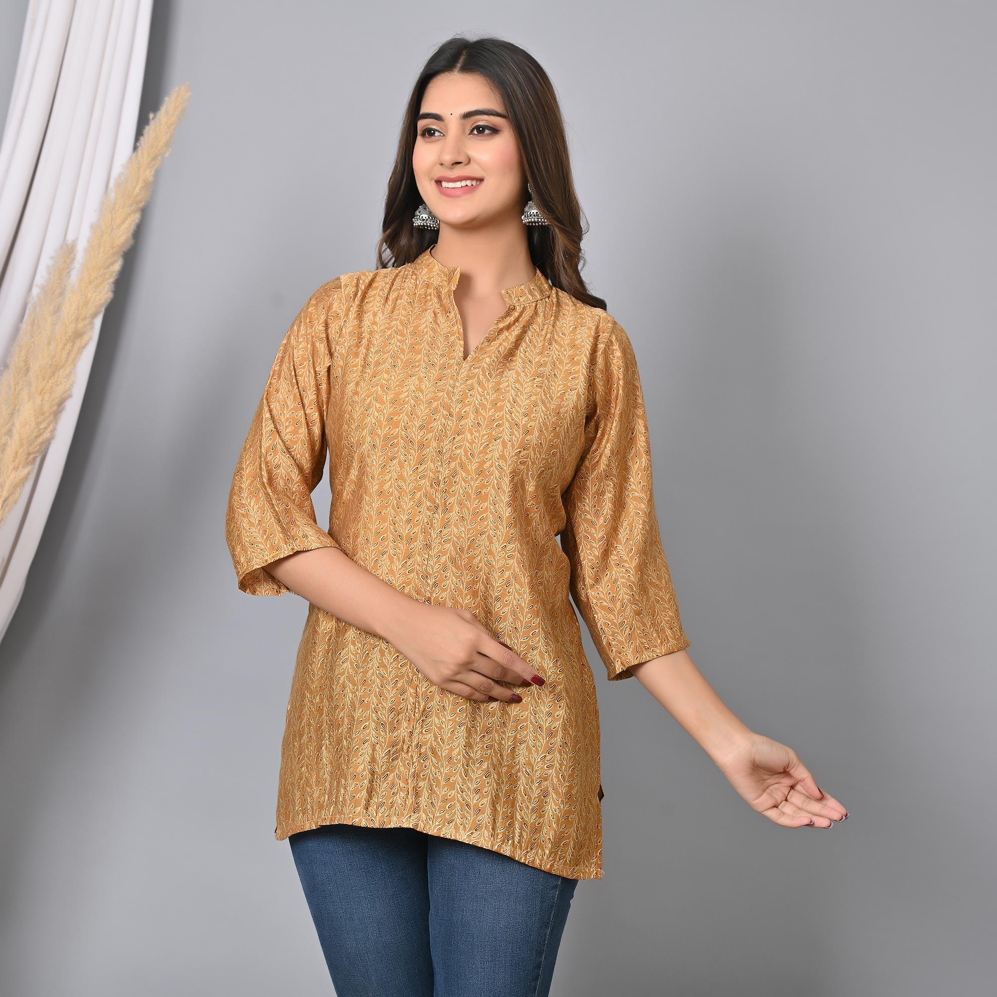 Peachmode Chikoo Colored Floral Printed Chanderi Top - view 5