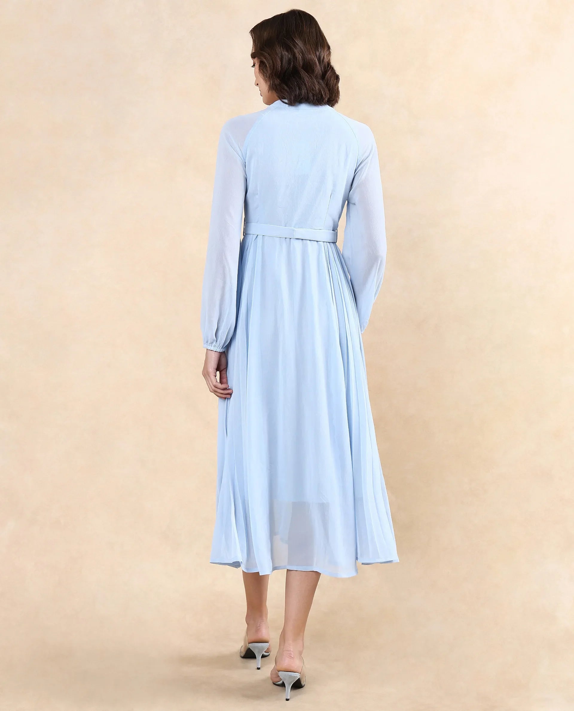 Rareism Women Jibouti Light Blue Polyester Fabric Raglan Sleeves V-Neck Button Closure A-Line Maxi Plain Dress - view 7
