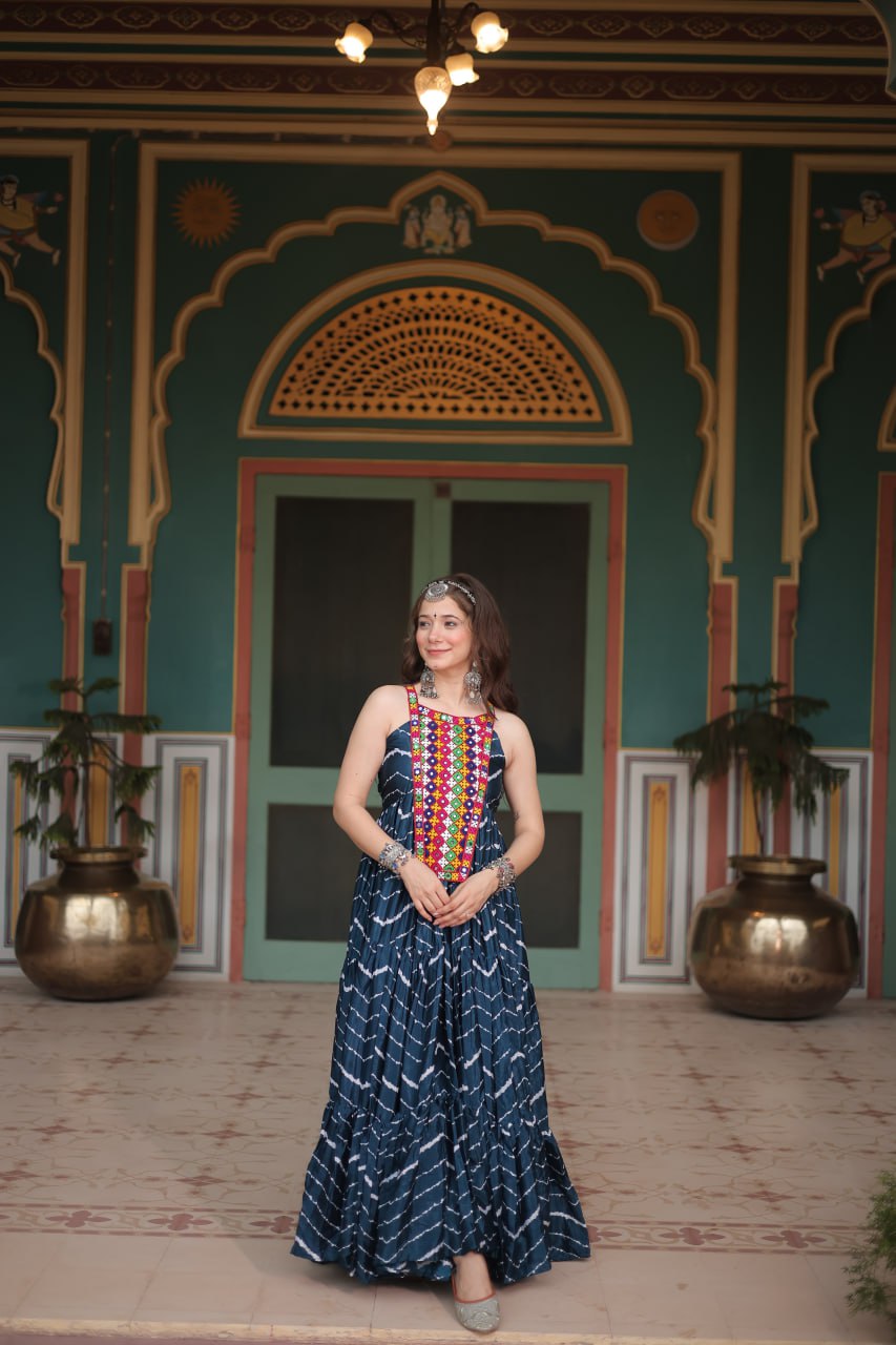 ClothsVilla Navy Blue Graceful Leheriya Print Gown with Kutchi Patchwork