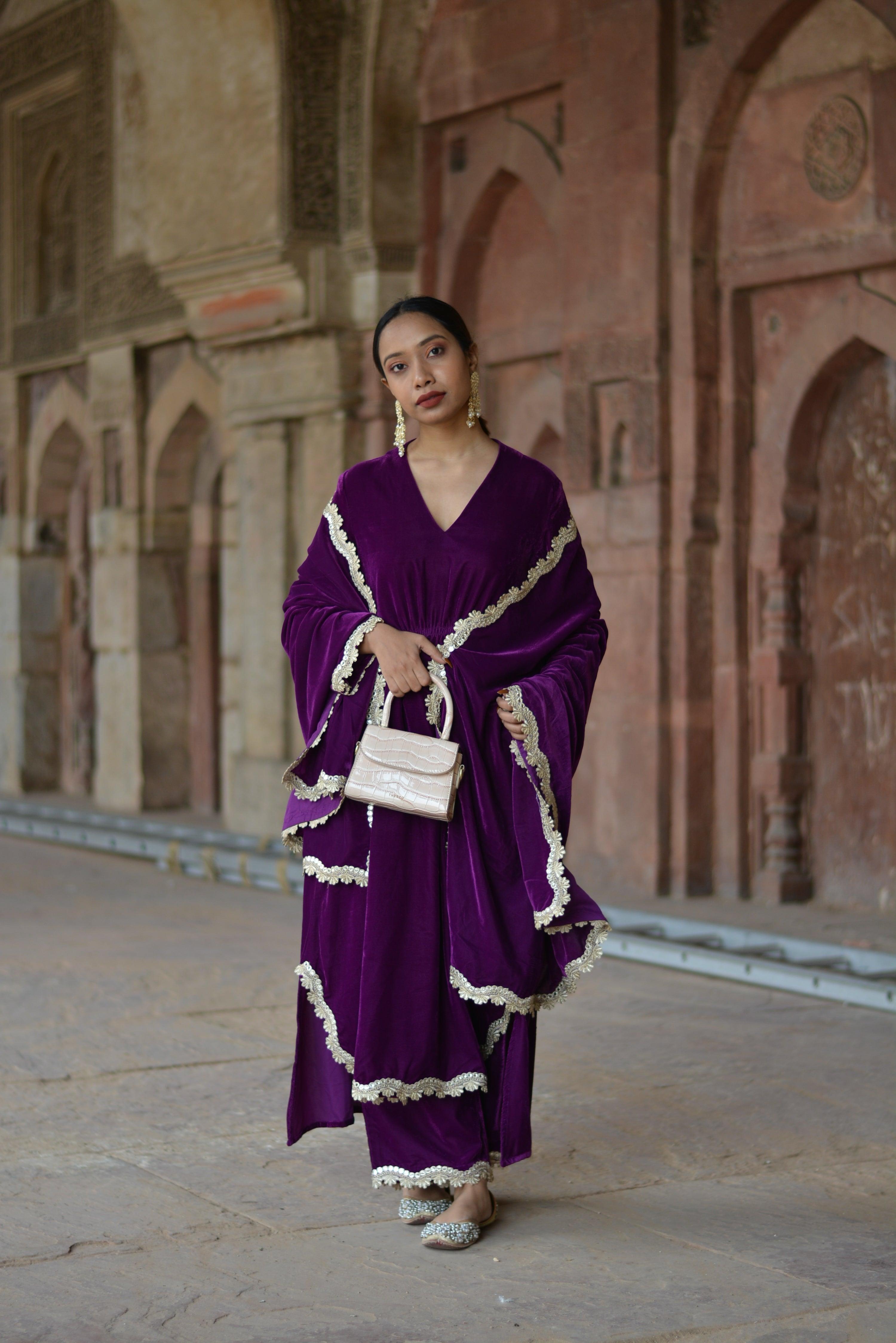 Wine Velvet Lace Kurta Pant Set | Relove - view 4