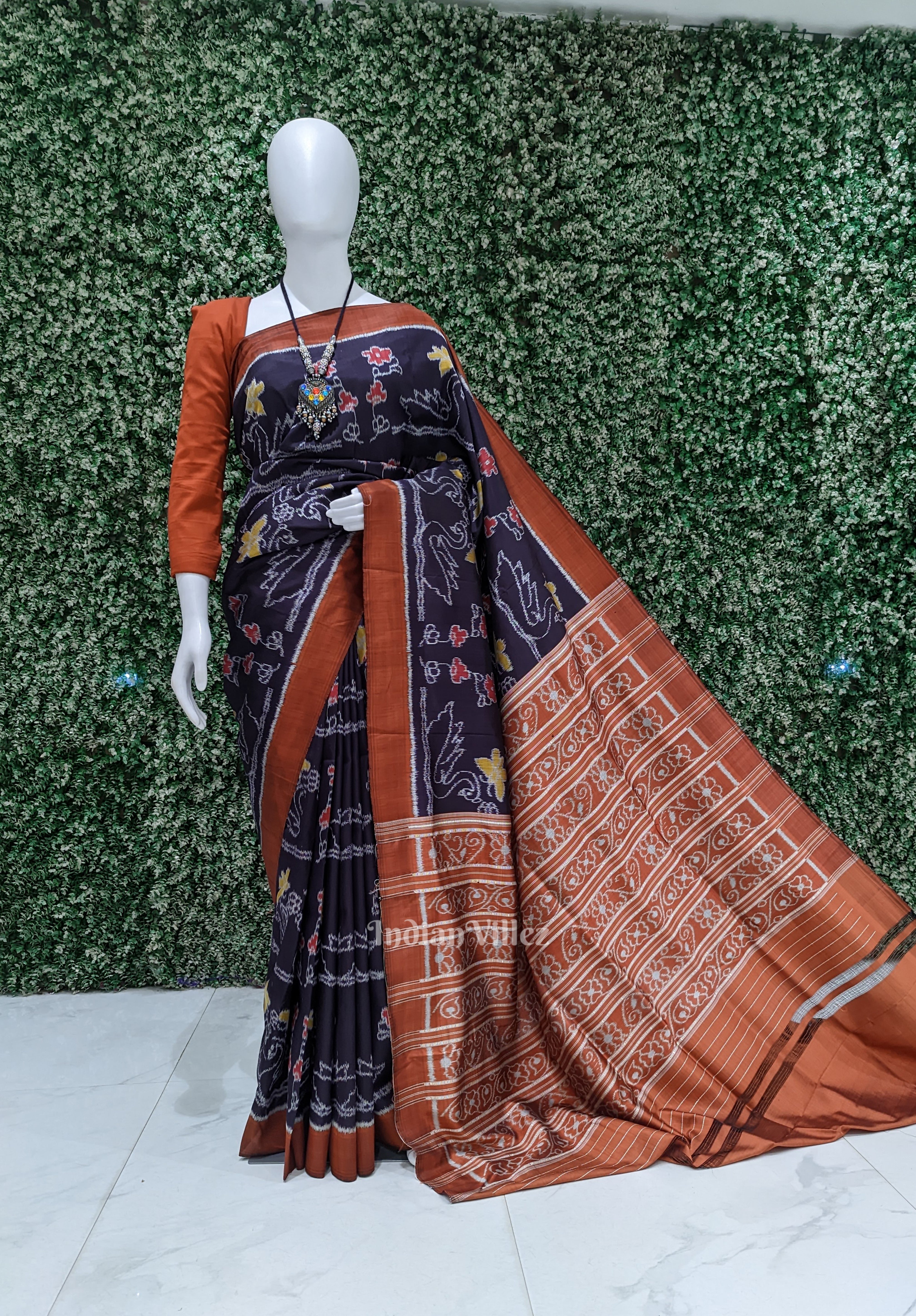 IndianVillèz Midnight Blue Floral Contemporary Designer Ikat Silk Saree