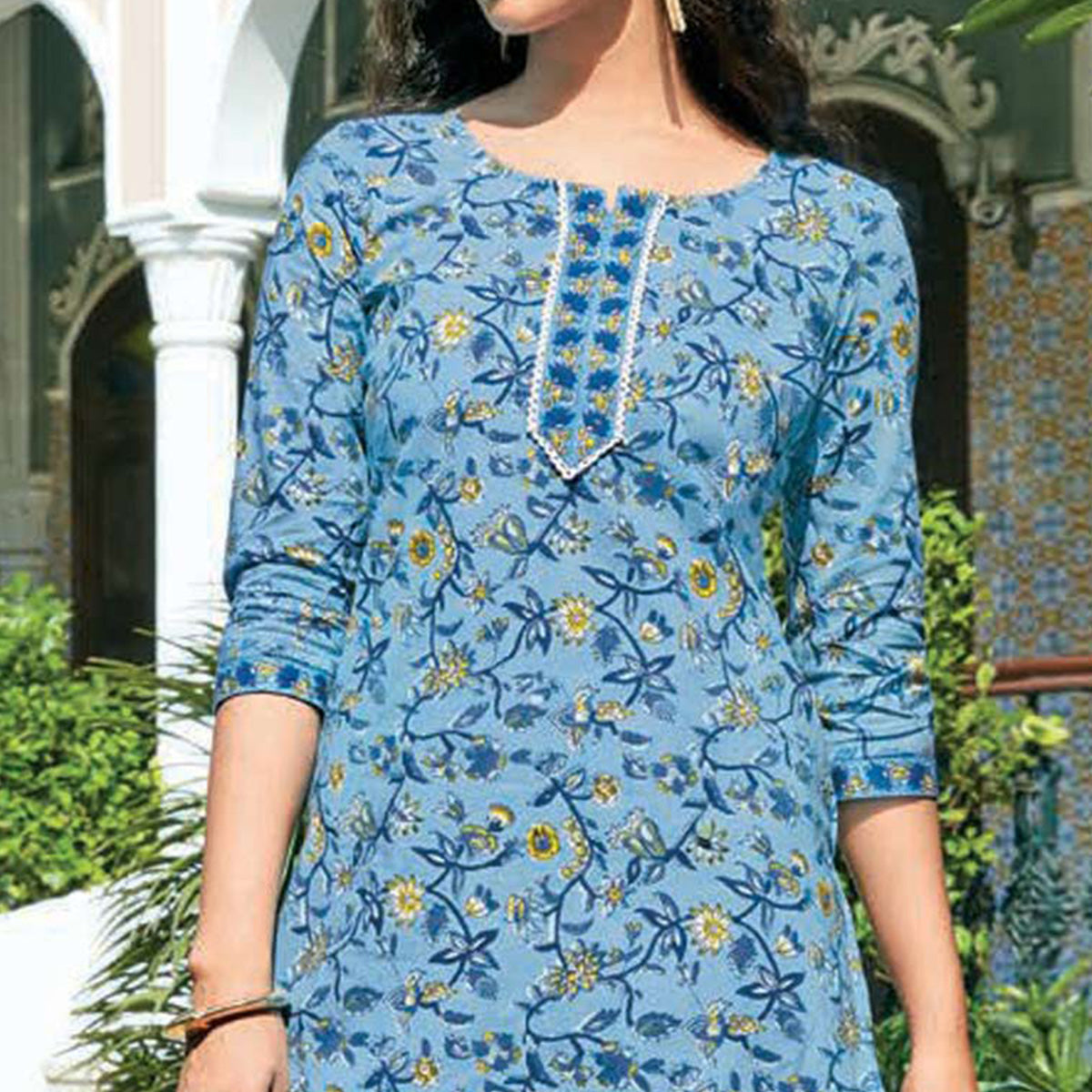 Peachmode Seller Light Blue Floral Printed Cotton Blend Kurti - view 2