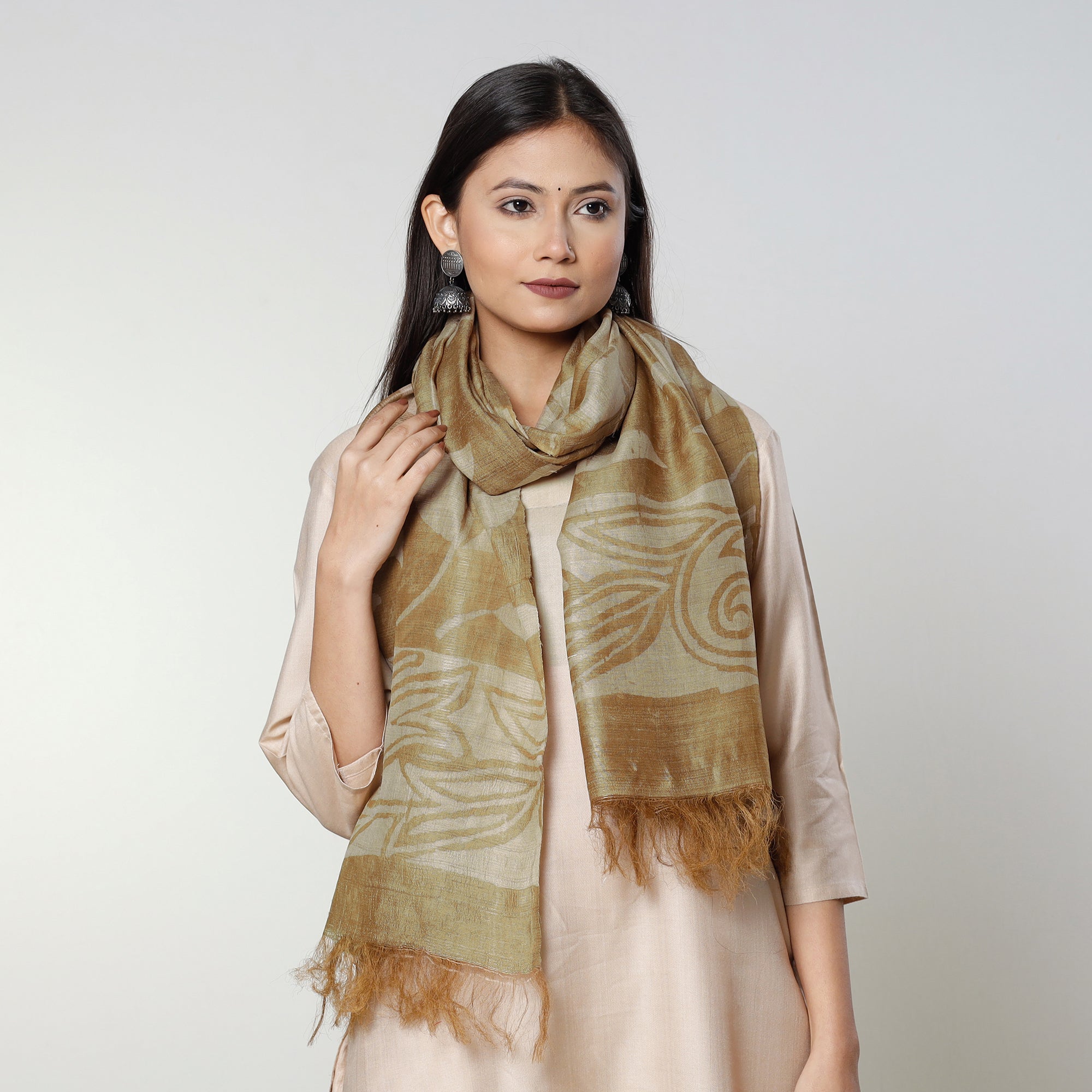 BINDAAS UNLIMITED Brown - Handloom Block Art Print Tussar Silk Bindaas Stole