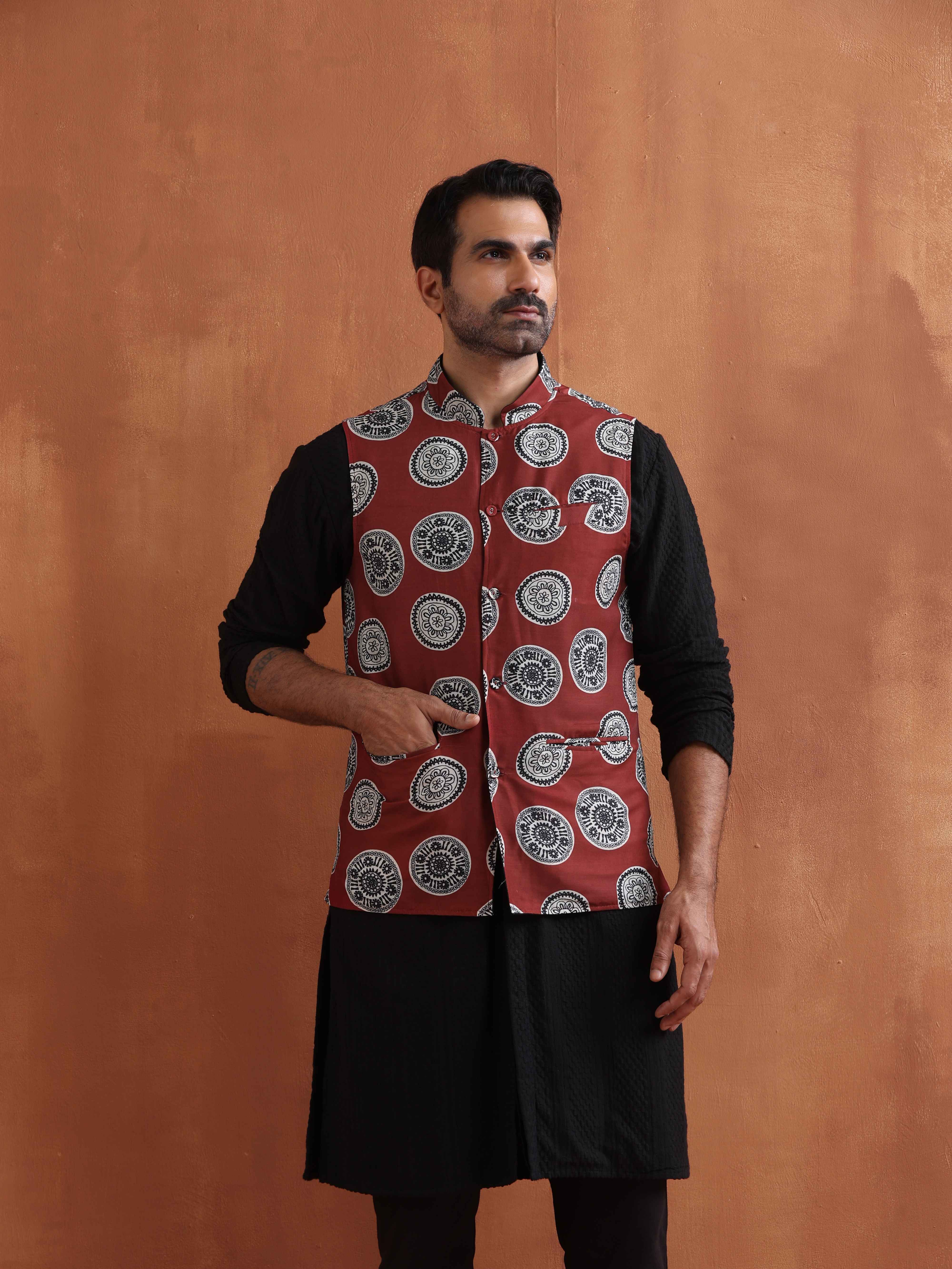 trueBrowns Men's Rust Printed Nehru Jacket - view 3