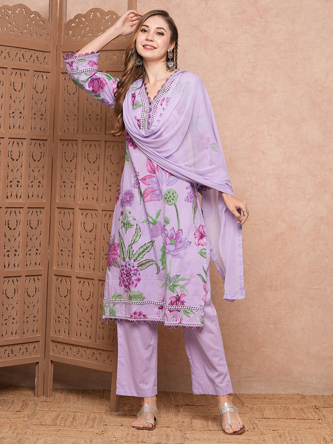 Fashor Floral Printed Resham & Crochet Lace Work Kurta with Pants & Dupatta - Purple