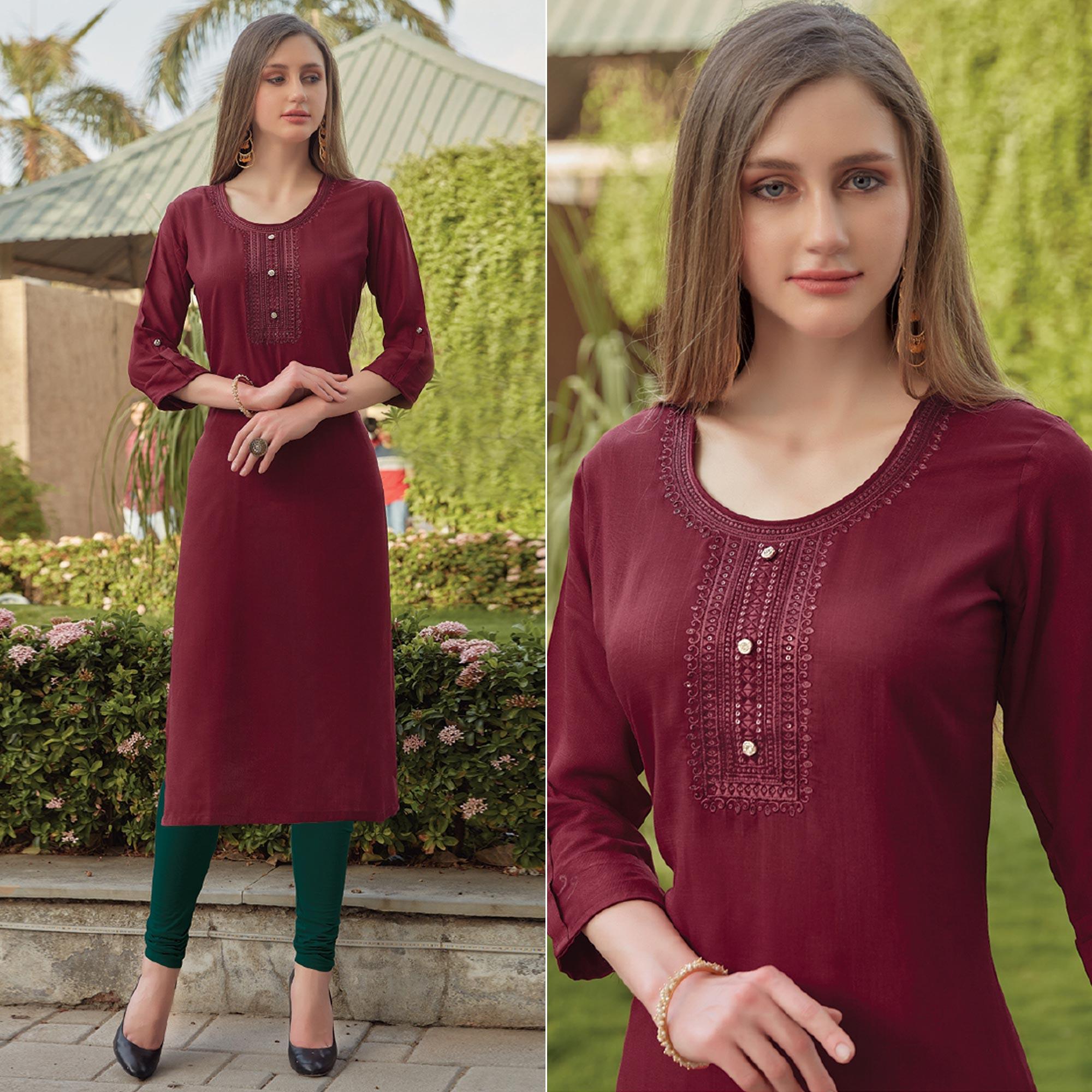 Peachmode Maroon Sequins Embroidered Rayon Kurti