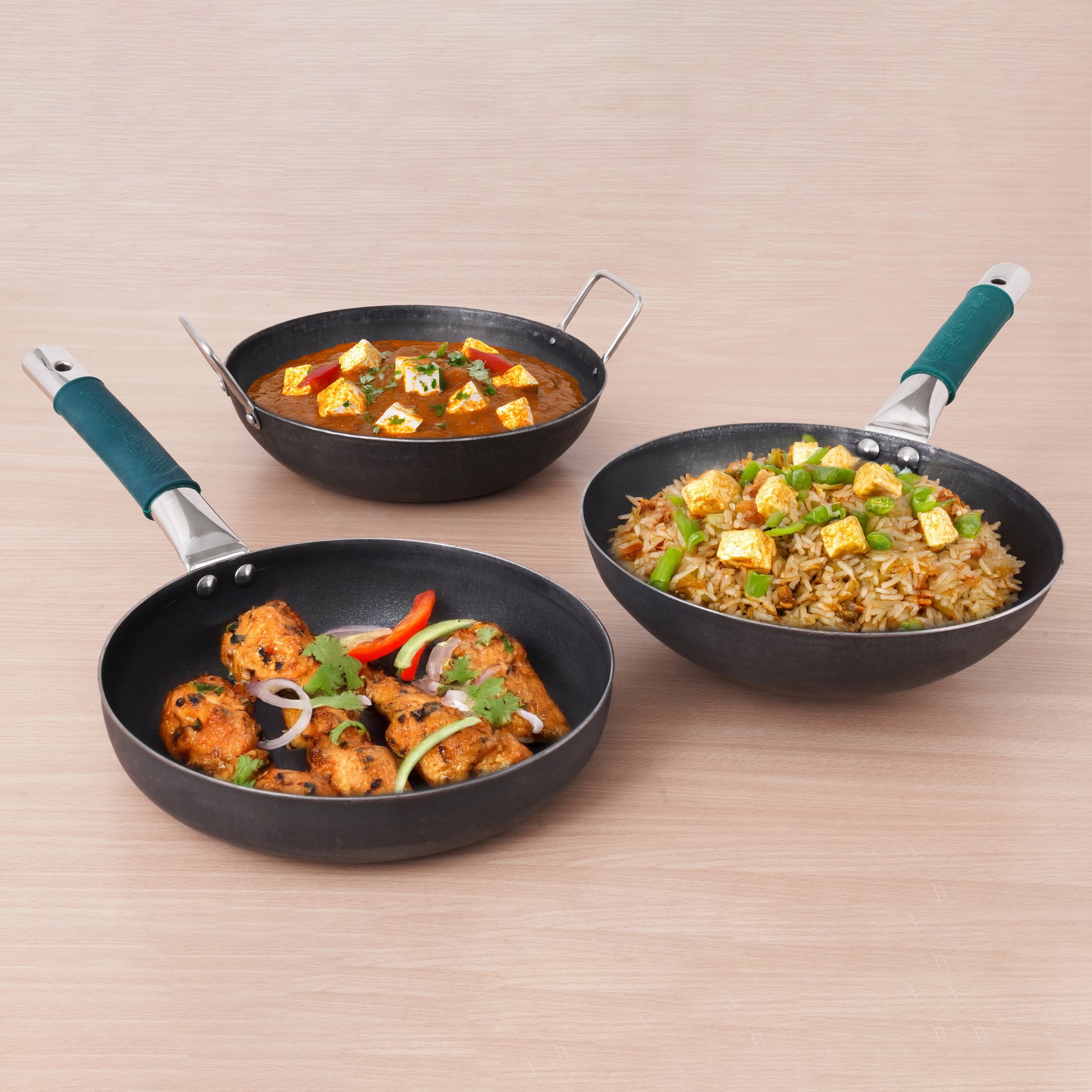 The Indus Valley 100% Pure Iron Cookware Set: Wok 10 inch + Fry Pan 10 inch + Kadai 10 inch , Kitchen set for Home, Non-Toxic, Pre-seasoned