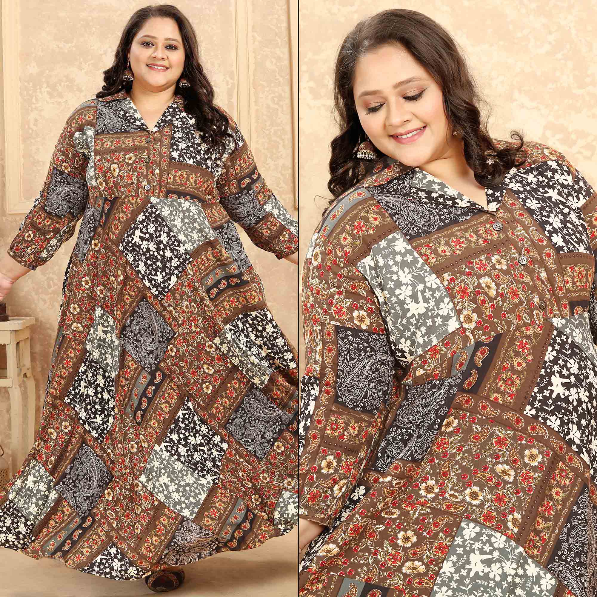 Peachmode Seller Brown Floral Printed Rayon Long Kurti