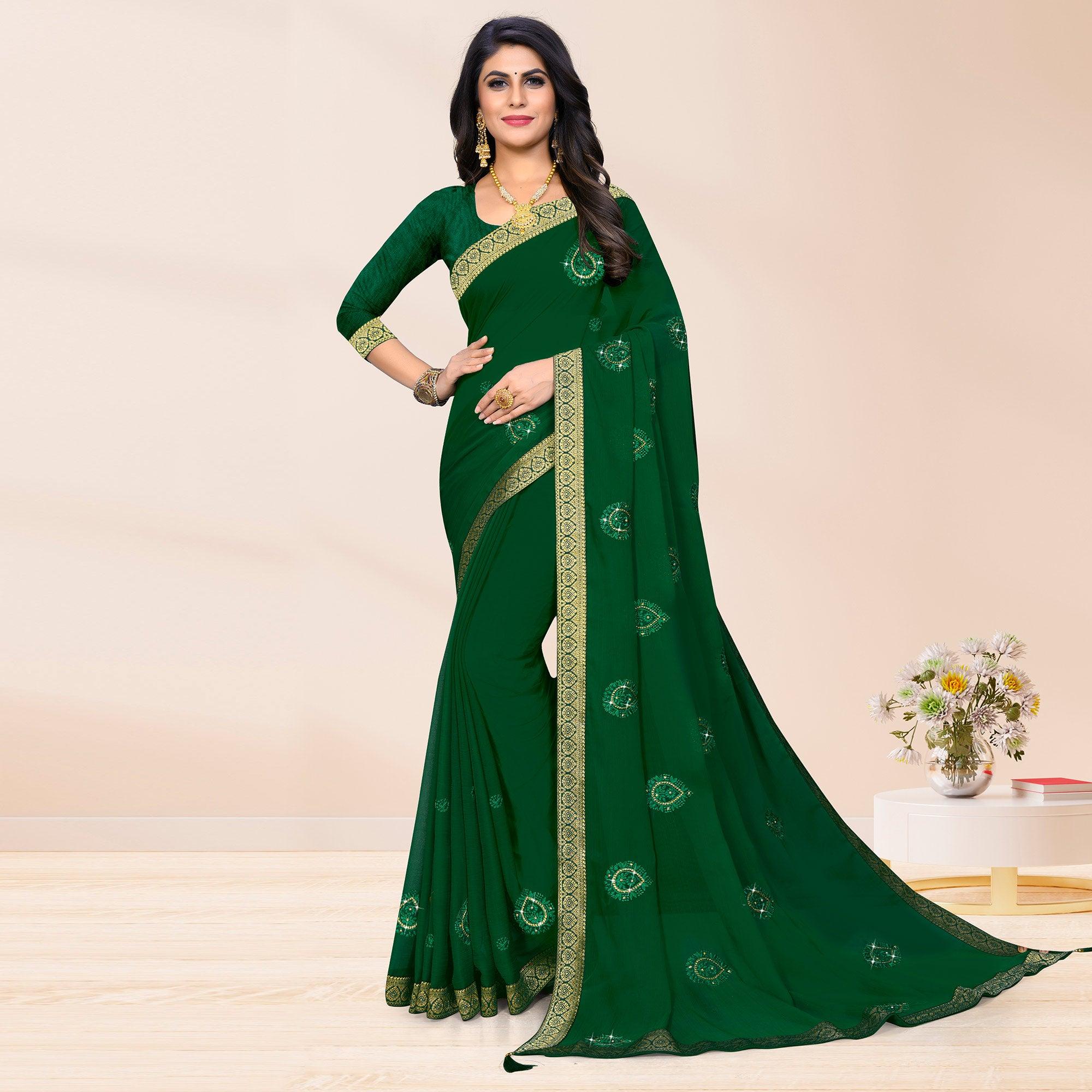Green sarees – BlackTree green-embroidered-chiffon-saree-1 – Women's