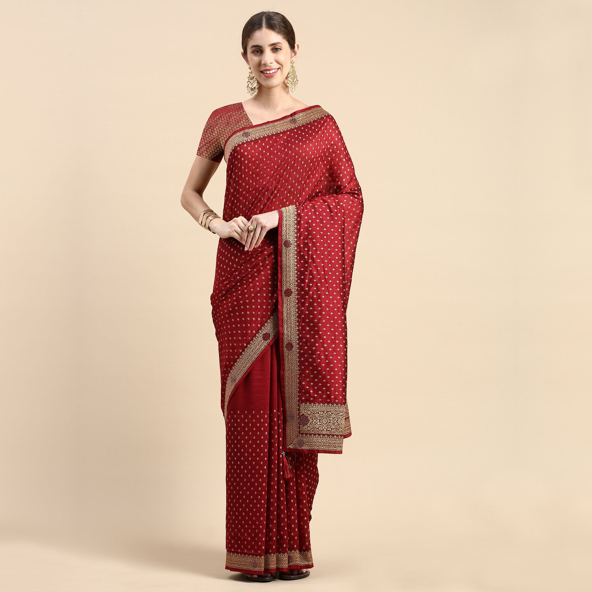 Peachmode Maroon Foil Printed With Swarovski Vichitra Silk Saree - view 2