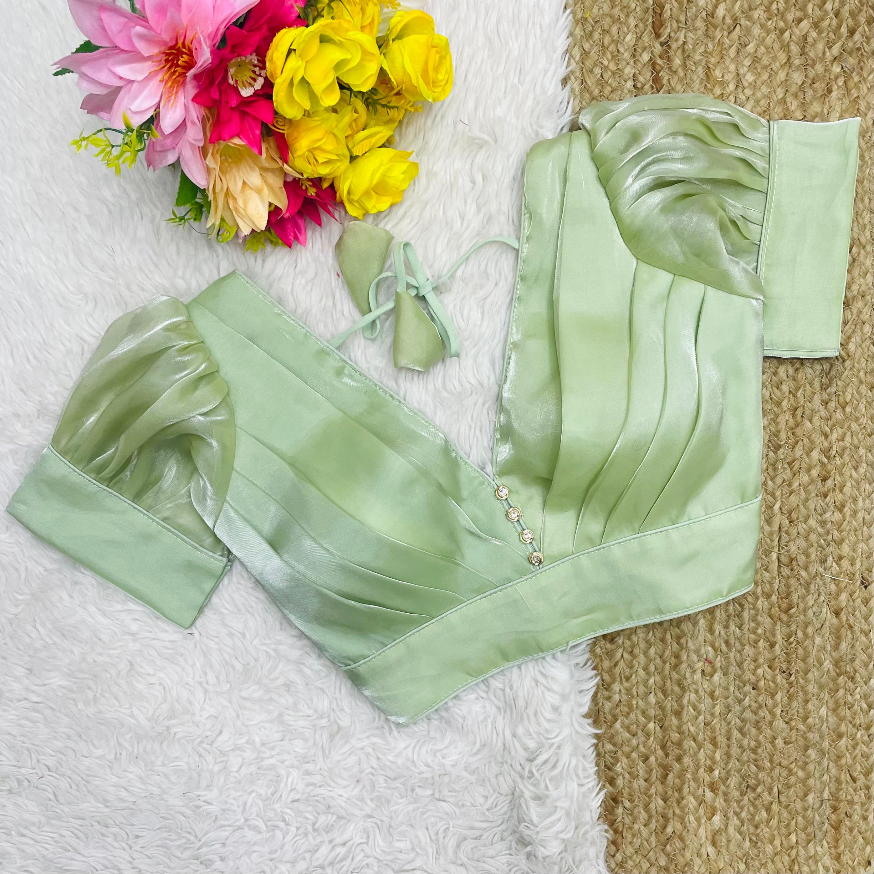 ClothsVilla Pista Green Glamorous Ruffled Metallic Jimmy Choo Blouse