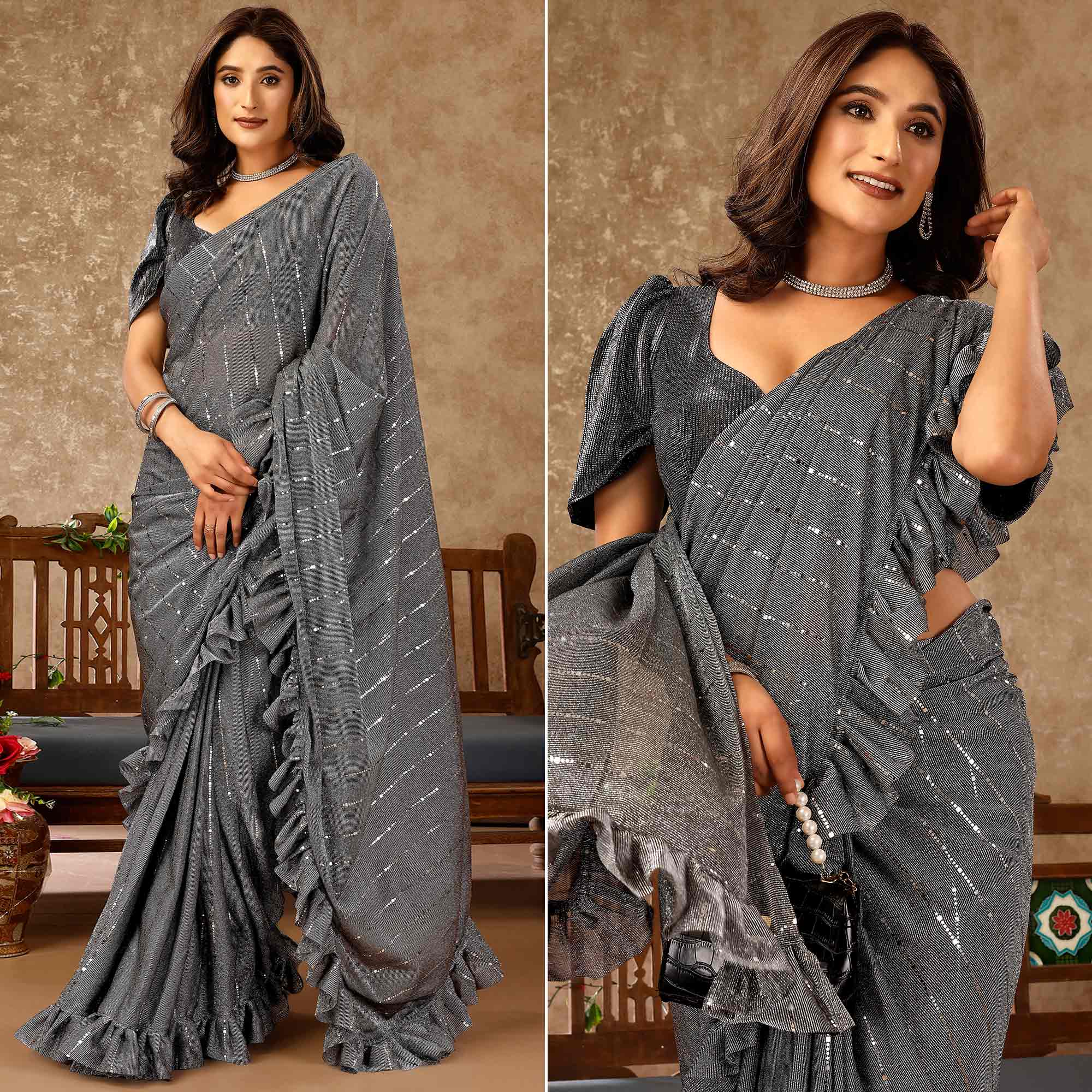 Peachmode Seller Grey Tikki Work Lycra Ready To Wear Ruffle Saree