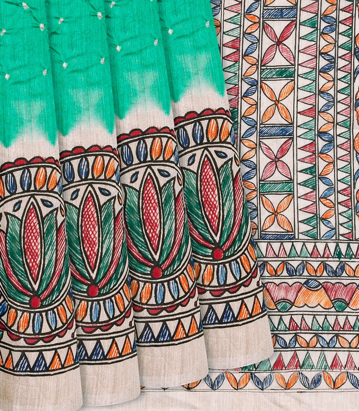 RmKV Aquamarine Handwoven Bandhani Silk Saree With Printed Pallu-Aquamarine