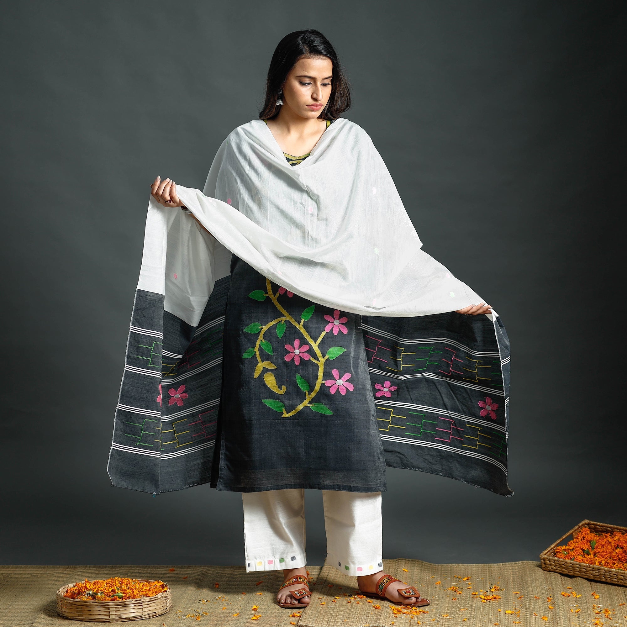 ITOKRI CASUALS Black - Dark Grey & White Phulia Jamdani Handloom Silk Cotton Kurta with Palazzo & Dupatta Set