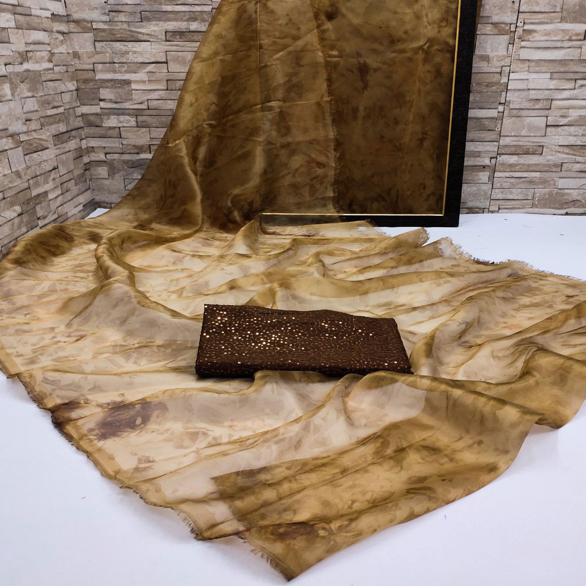 Peachmode Coffee Casual Wear Printed Organza Saree