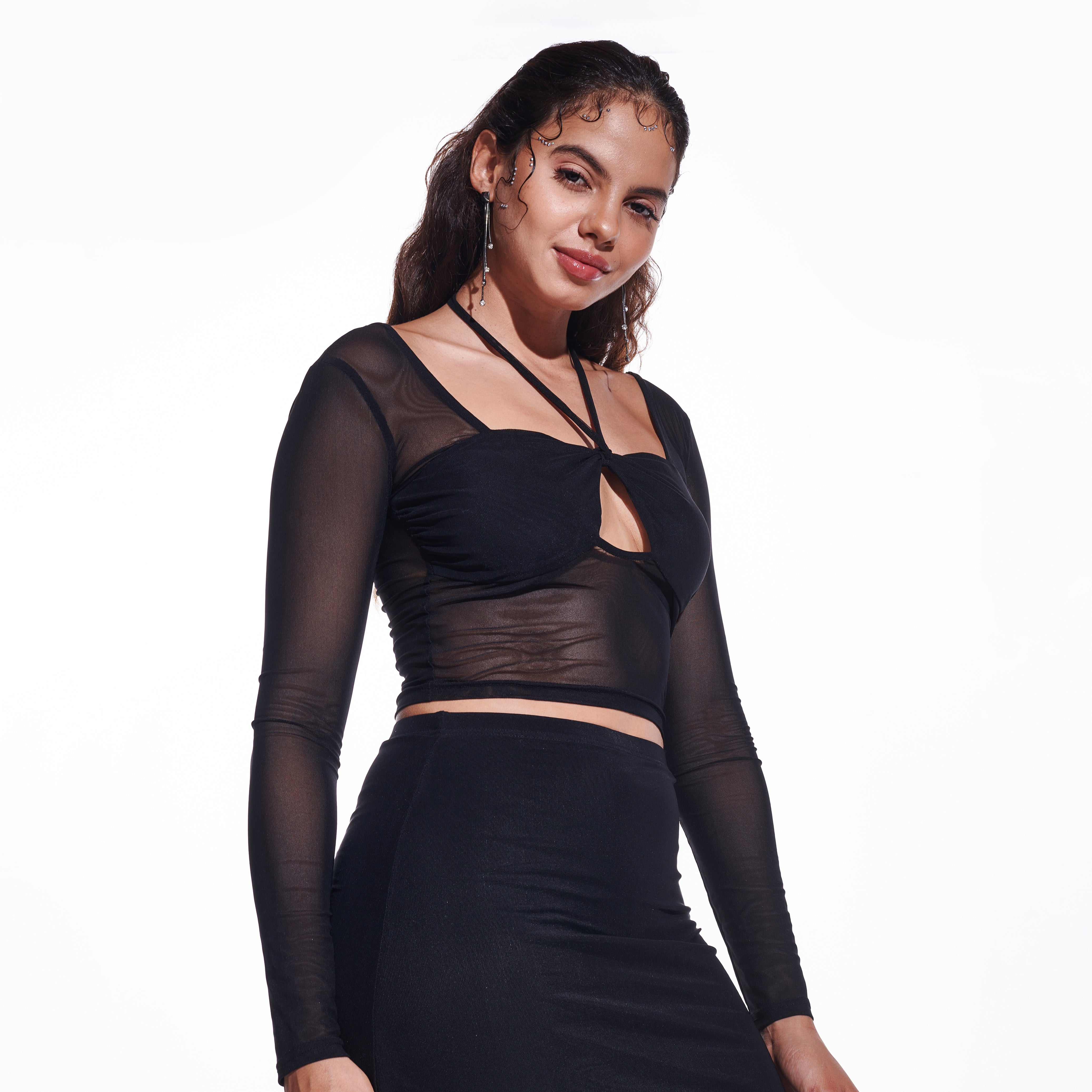 I Z F Black Cross-over long sleeve mesh top - view 7
