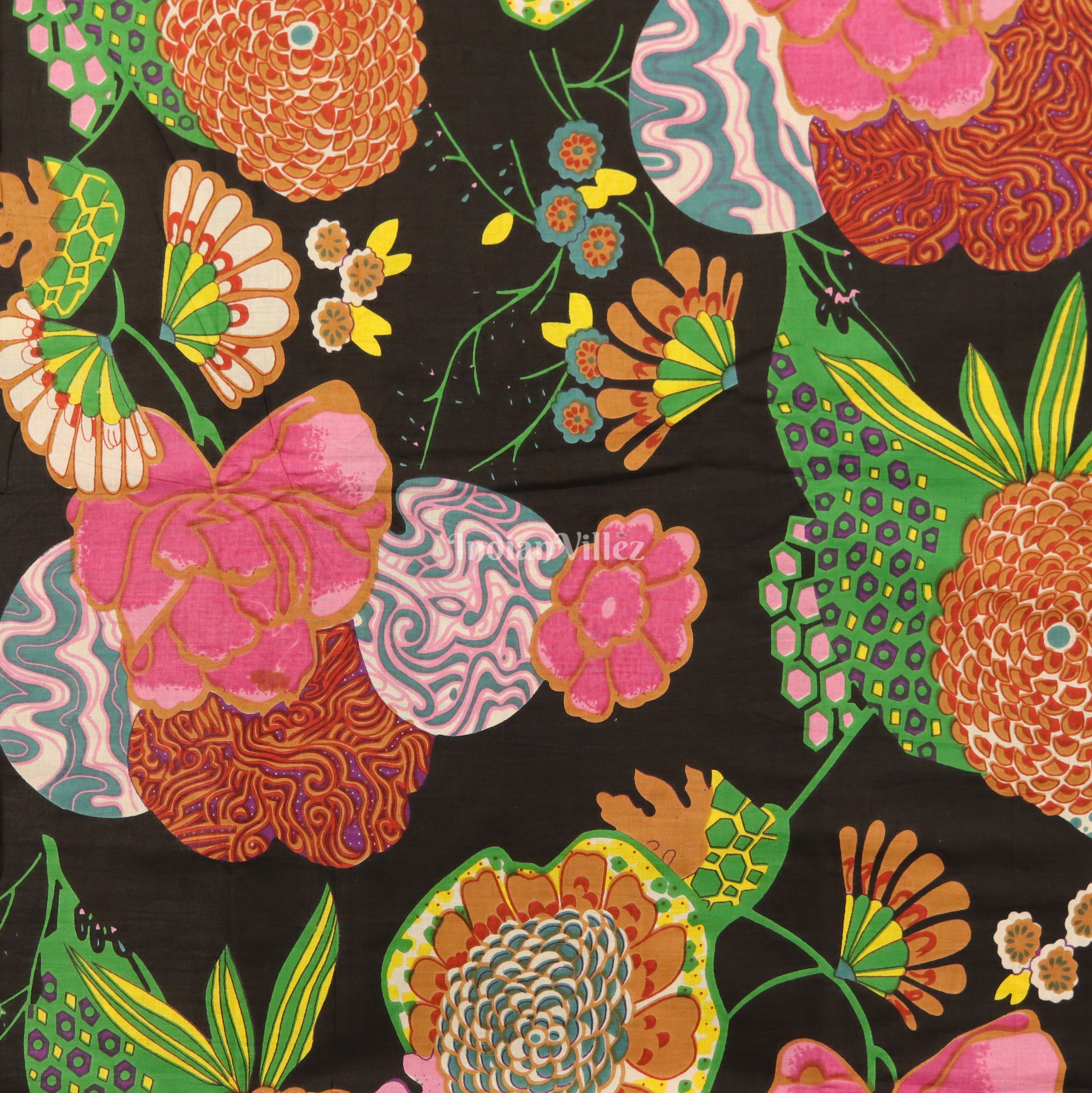 IndianVillèz Black Multicolor Flower Motif Hand Block Printed Cotton Fabric - view 2