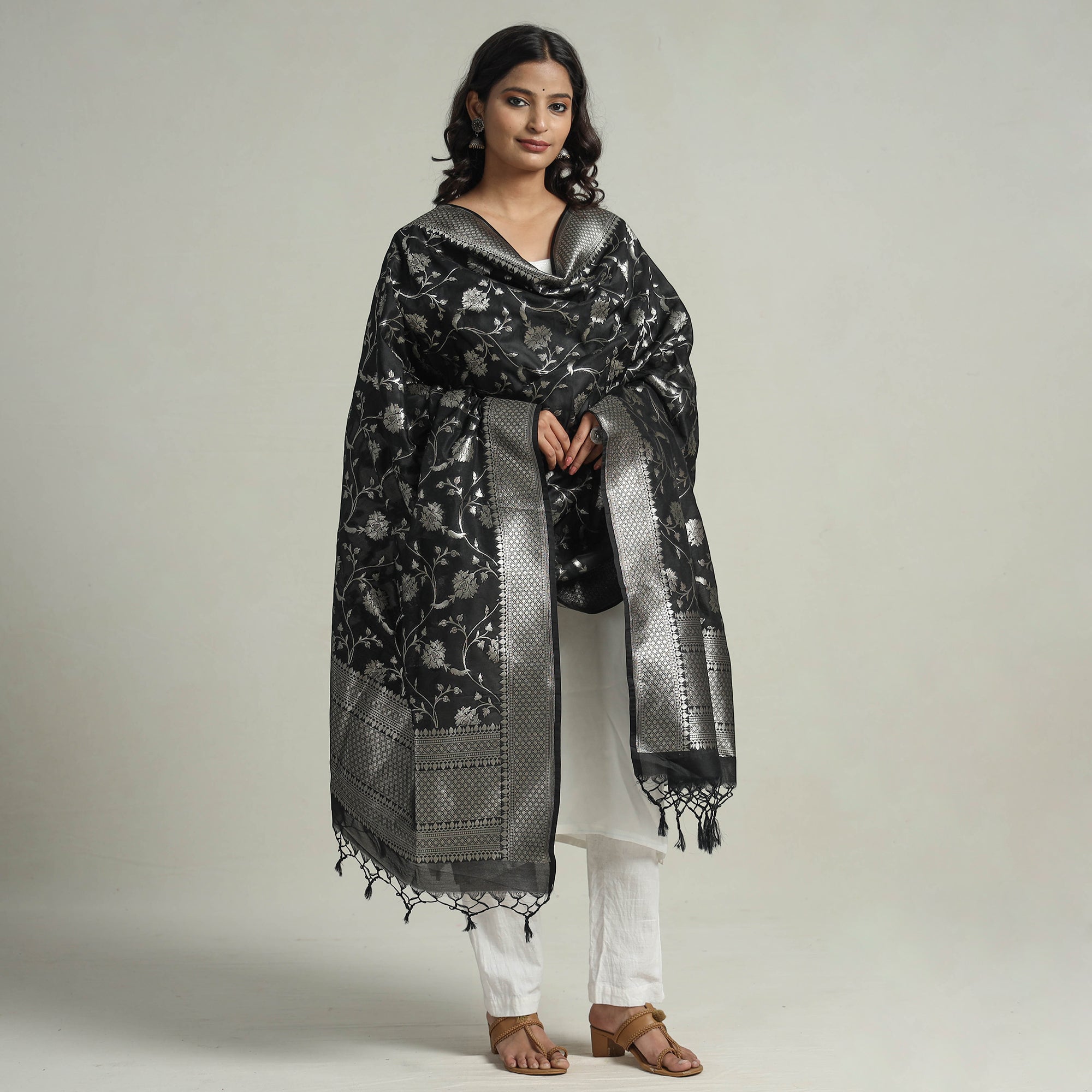 BANARASI BY MAQBUL HASAN Black - Banarasi Semi Silk Zari Jaal Dupatta with Tassels 19 - view 2