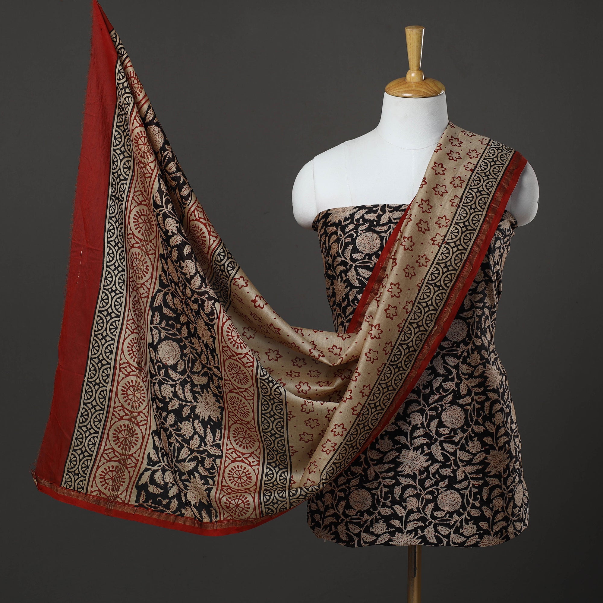 HAVELI CHRONICLES Black - 3pc Chanderi Silk Bagru Print Dress Material 07
