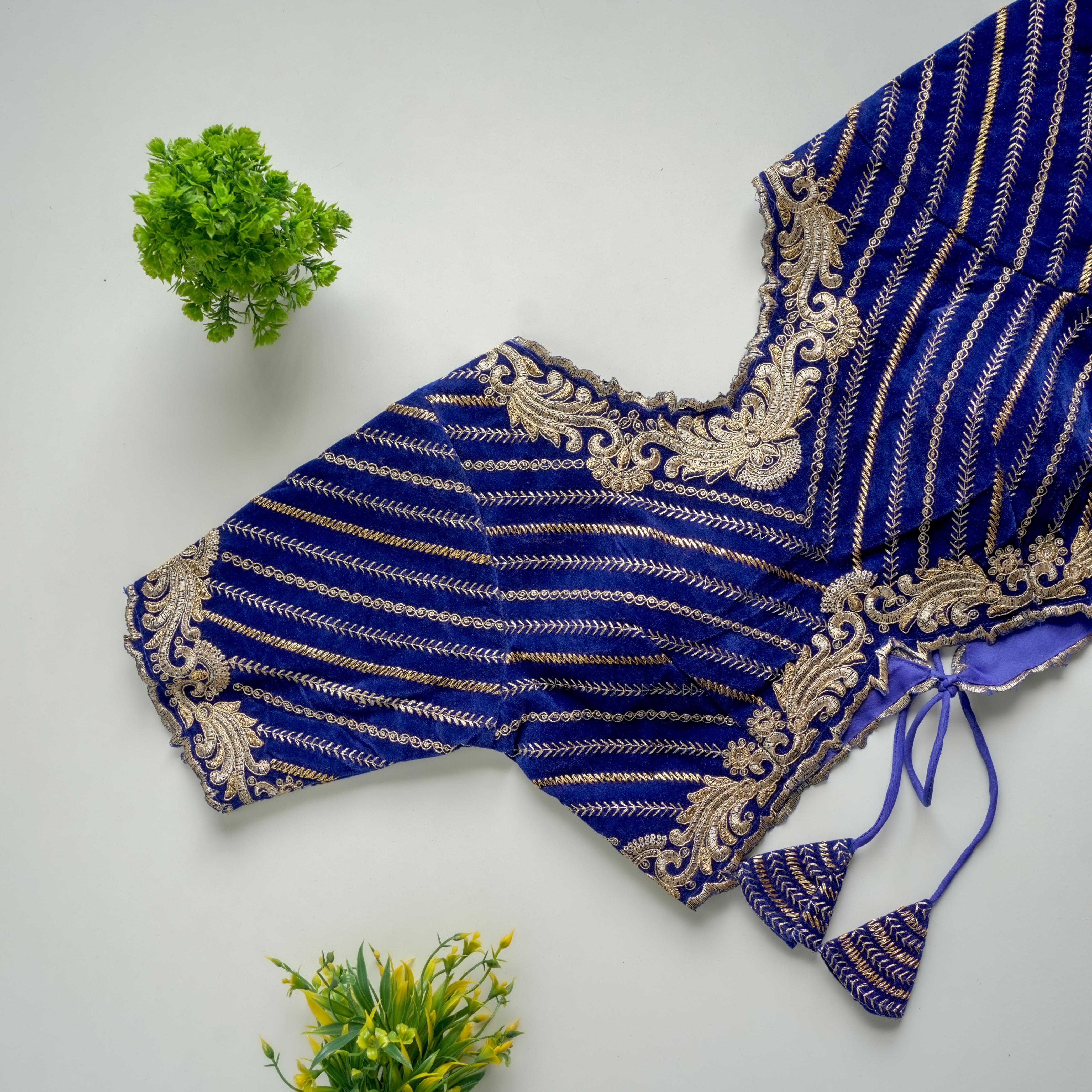 ClothsVilla Royal Blue Taffeta Silk Blouse with Golden Embroidery and Sequins