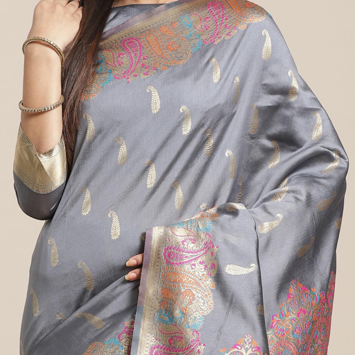 Peachmode Charming Grey Colored Festive Wear Woven Silk Blend Saree - view 2