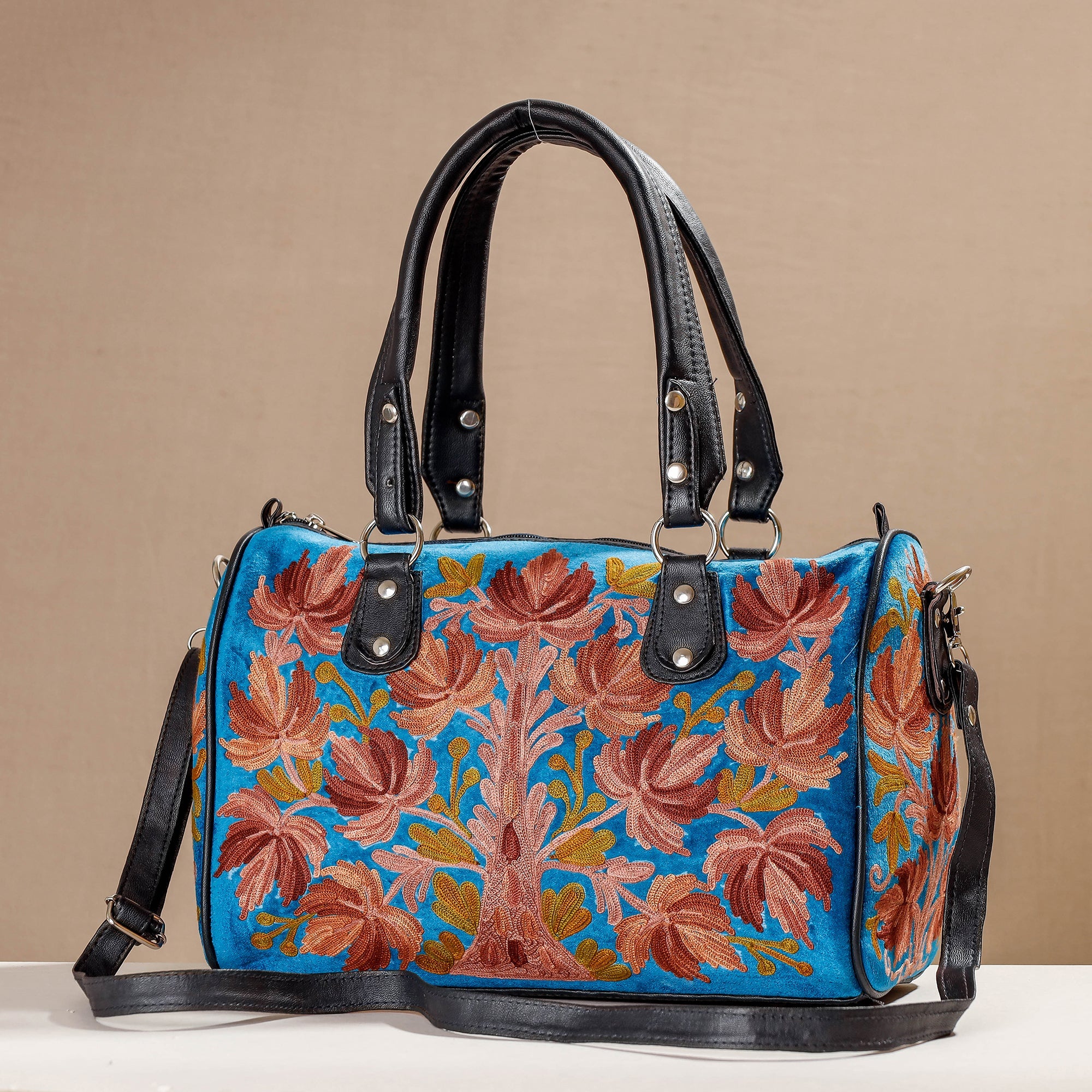 Embroidery leather velvet – ITOKRI CRAFTS INITIATIVE Blue - Crewel Hand Embroidery Leather & Velvet Hand Bag