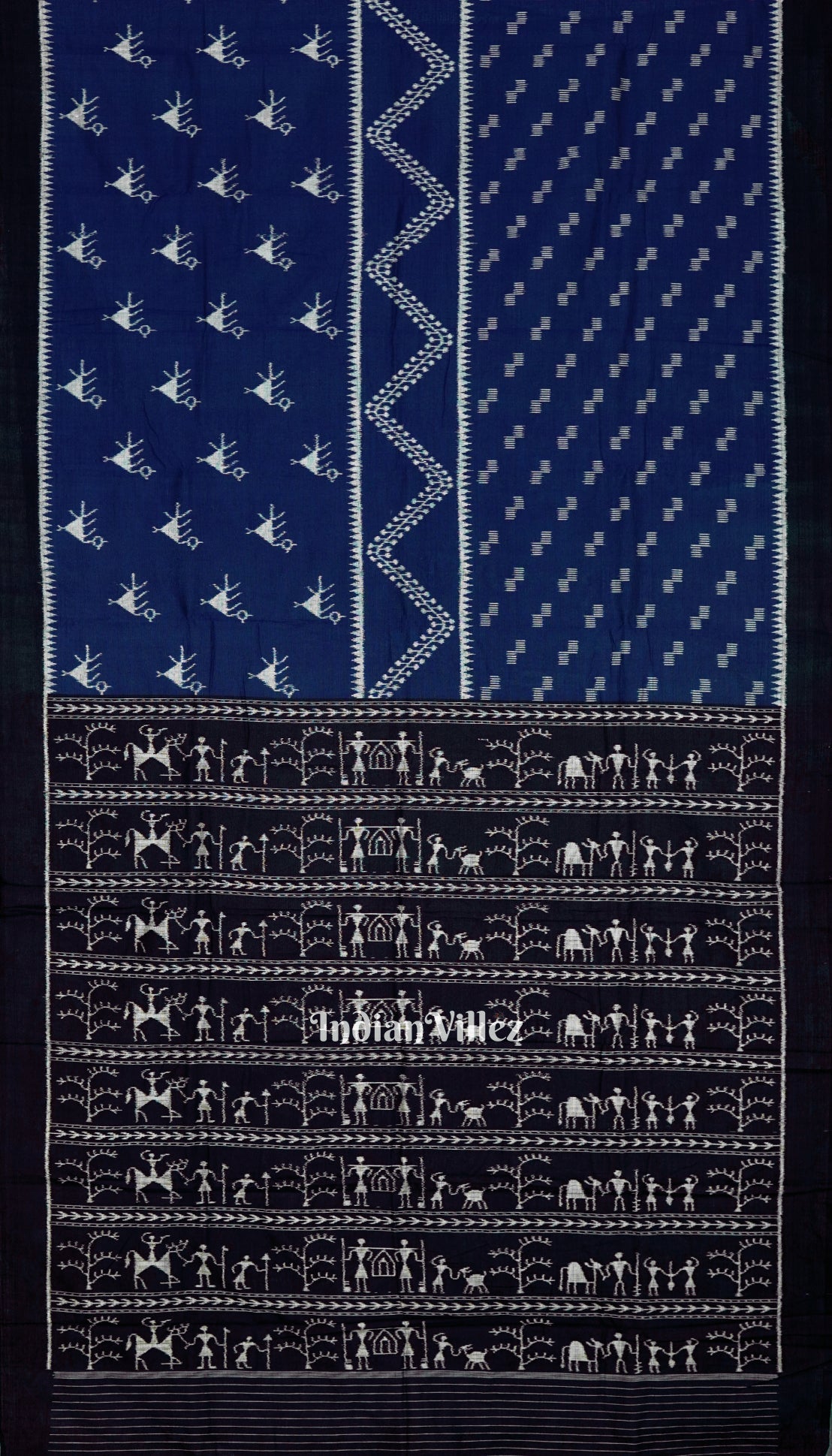 IndianVillèz Deep Blue Tribal Theme Odisha Ikat Sambalpuri Pure Cotton Saree