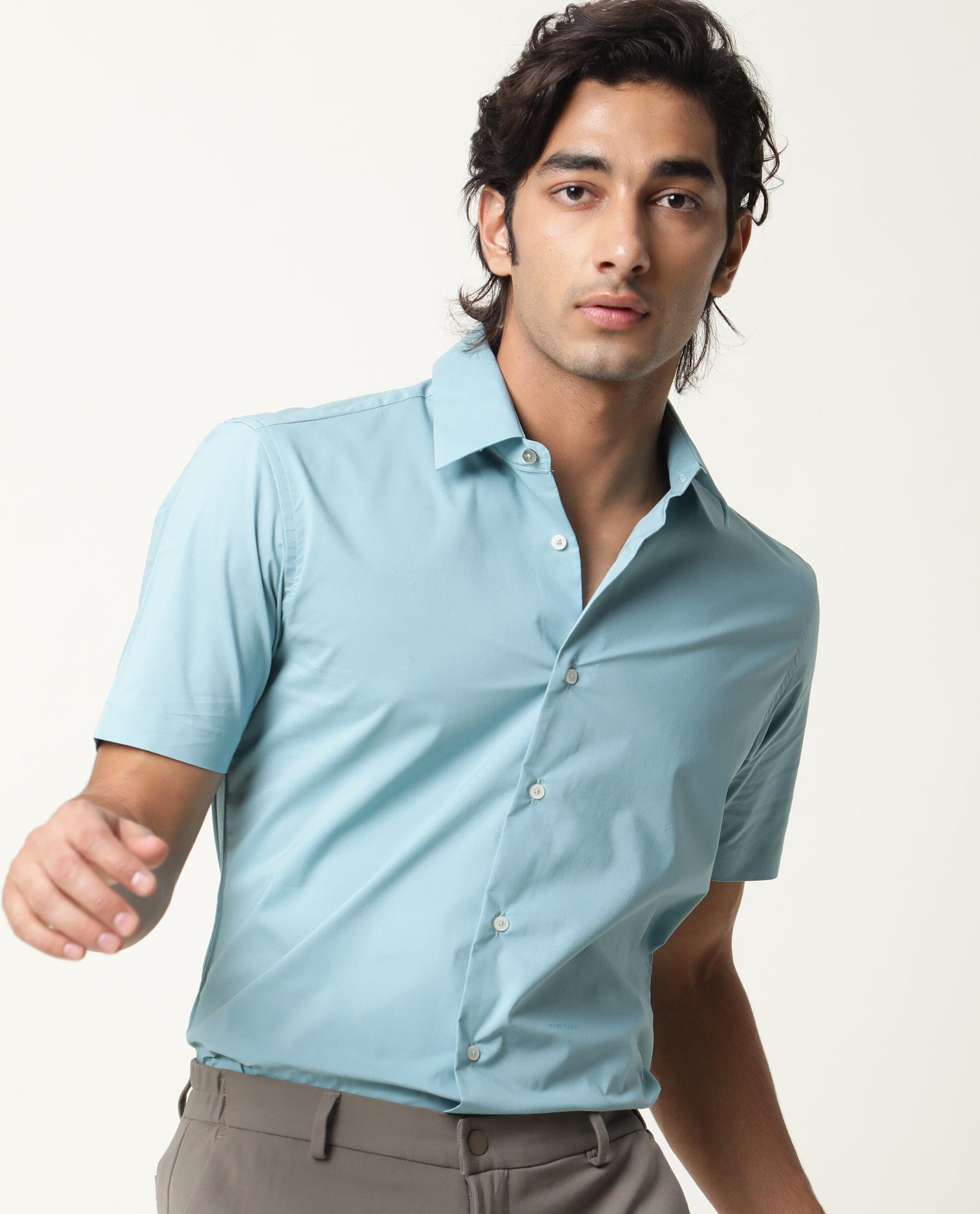 Rare Rabbit Mens Neutro Ss Blue Shirt Polycotton Fabric Slim Fit Collar Short Sleeve - view 3
