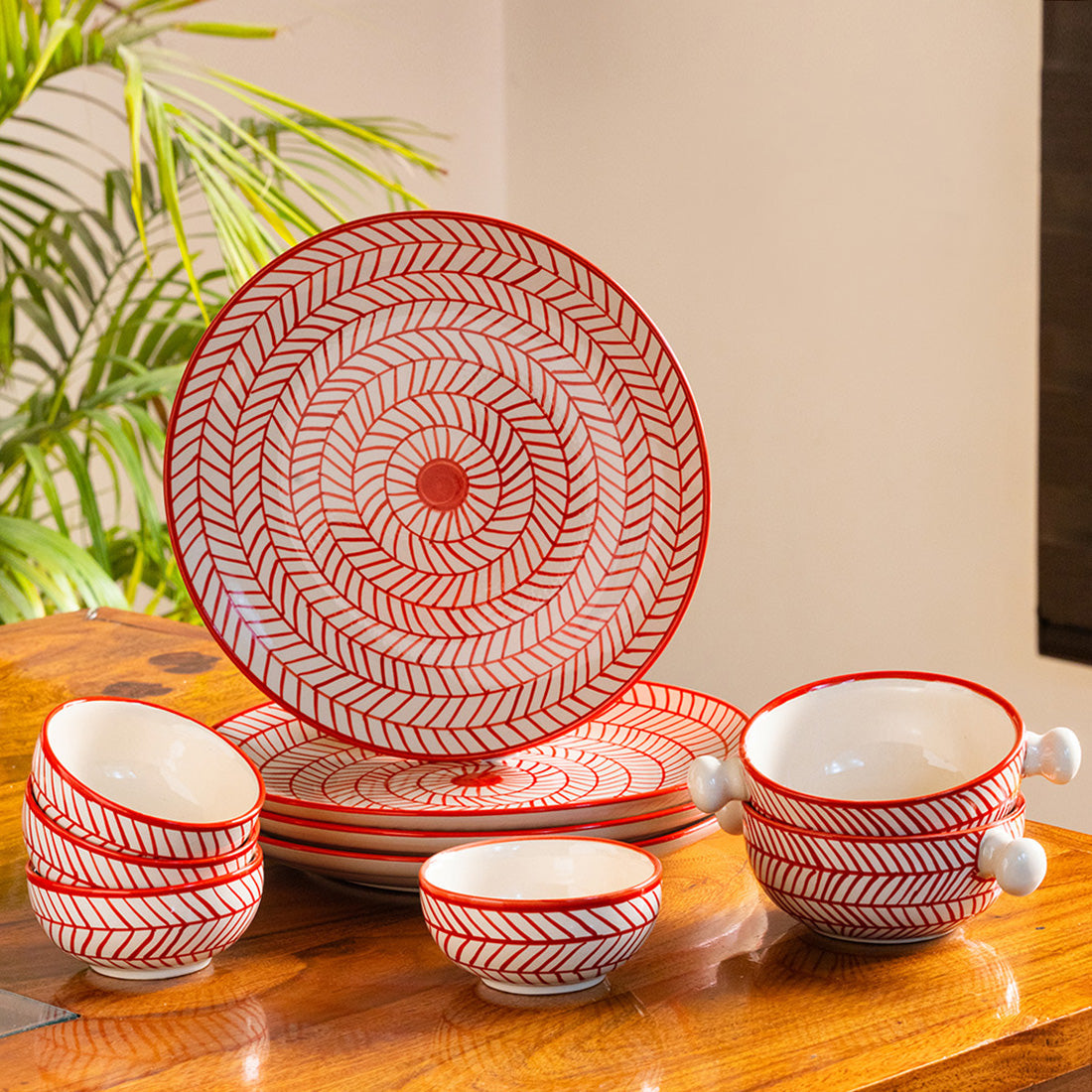 EXCLUSIVELANE 'Red Chevrons' Handpainted Ceramic Dinner Plates With Serving Bowls & Katoris (10 Pieces, Serving for 4, Microwave Safe)