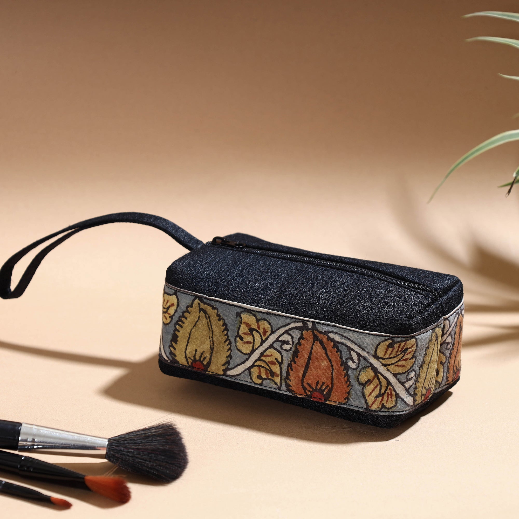 DWARAKA PLUS Black - Handpainted Kalamkari Natural Dyed Ghicha Silk Multipurpose Cosmetic/Toiletry Pouch