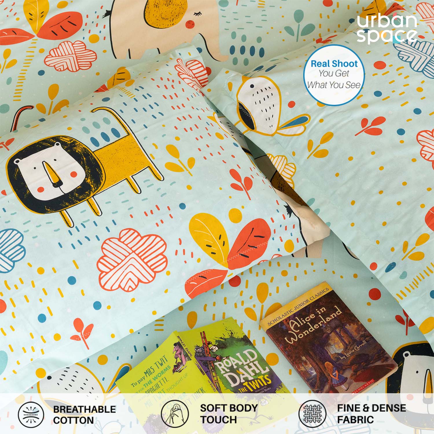 Urban Space -Home Furnishing Store Serene 200 TC 100% Cotton Bedsheet with Pillow Covers - Lion King Sky Blue - view 3