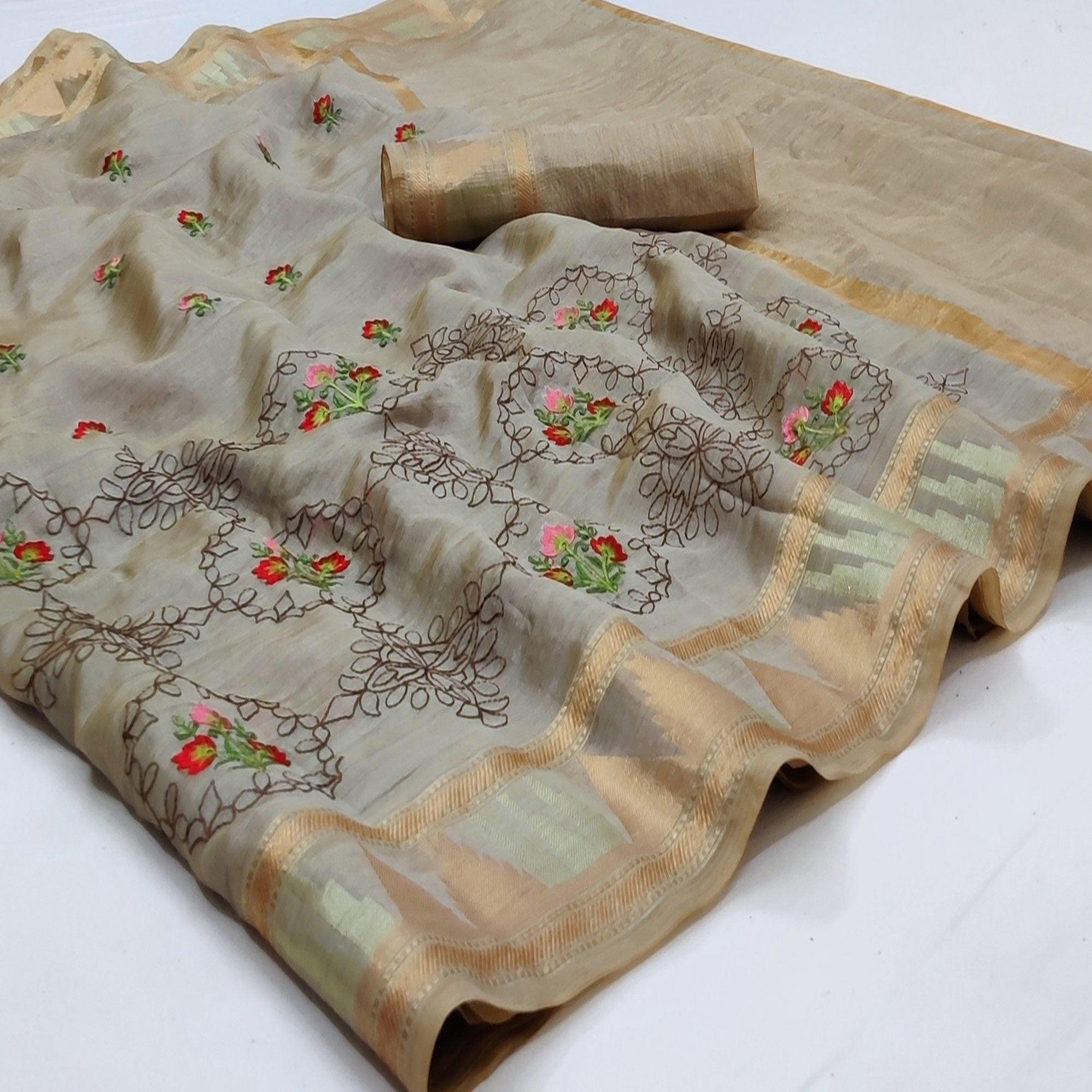 Peachmode Chikoo Festive Wear Woven Organza Saree With Floral Embroidery Butta Work